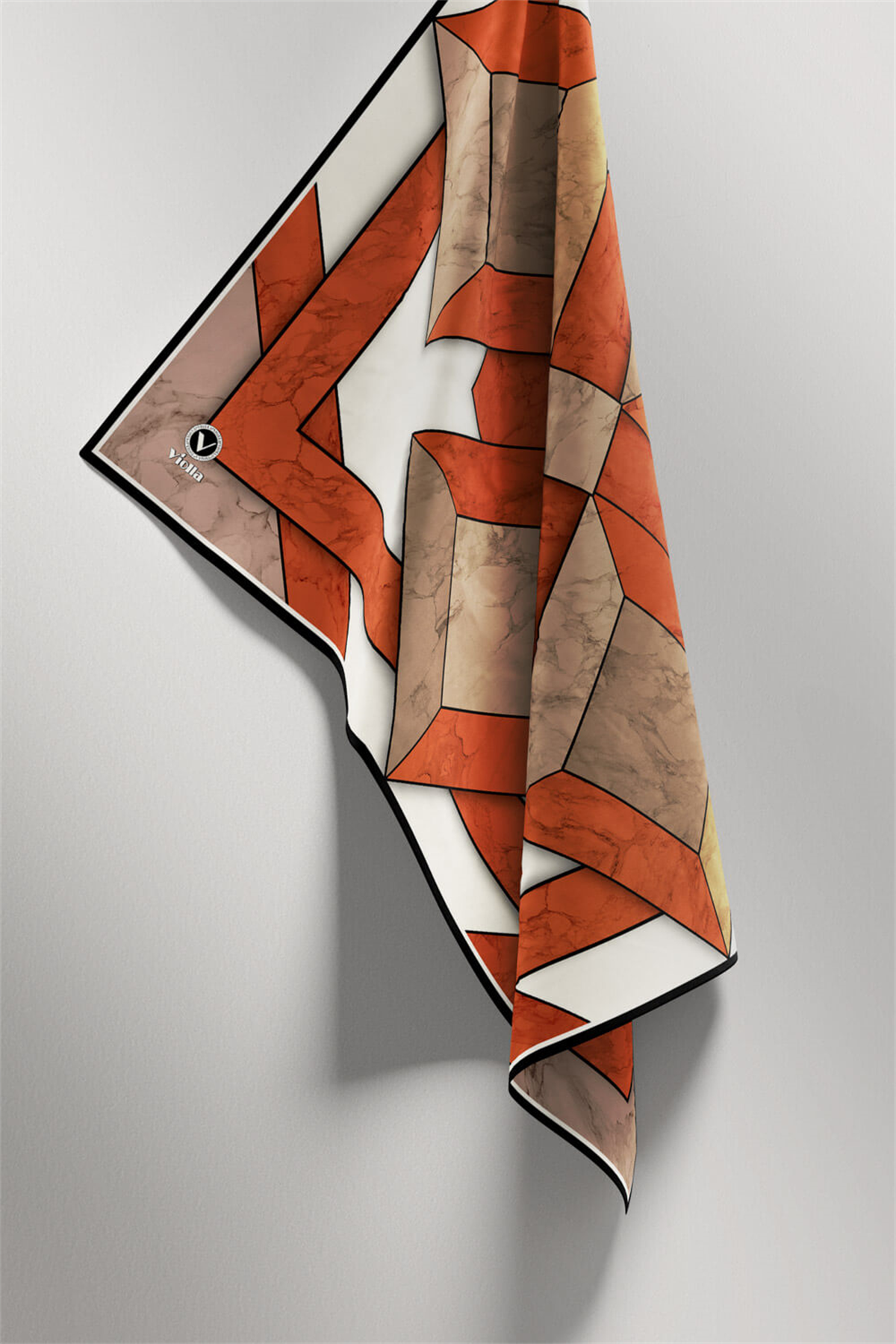 Twill Mermer Desenli Taba - Bej Renkli 90x90 Eşarp (İpek İçermez) Kenar Dikiş Şekli El Dikişli