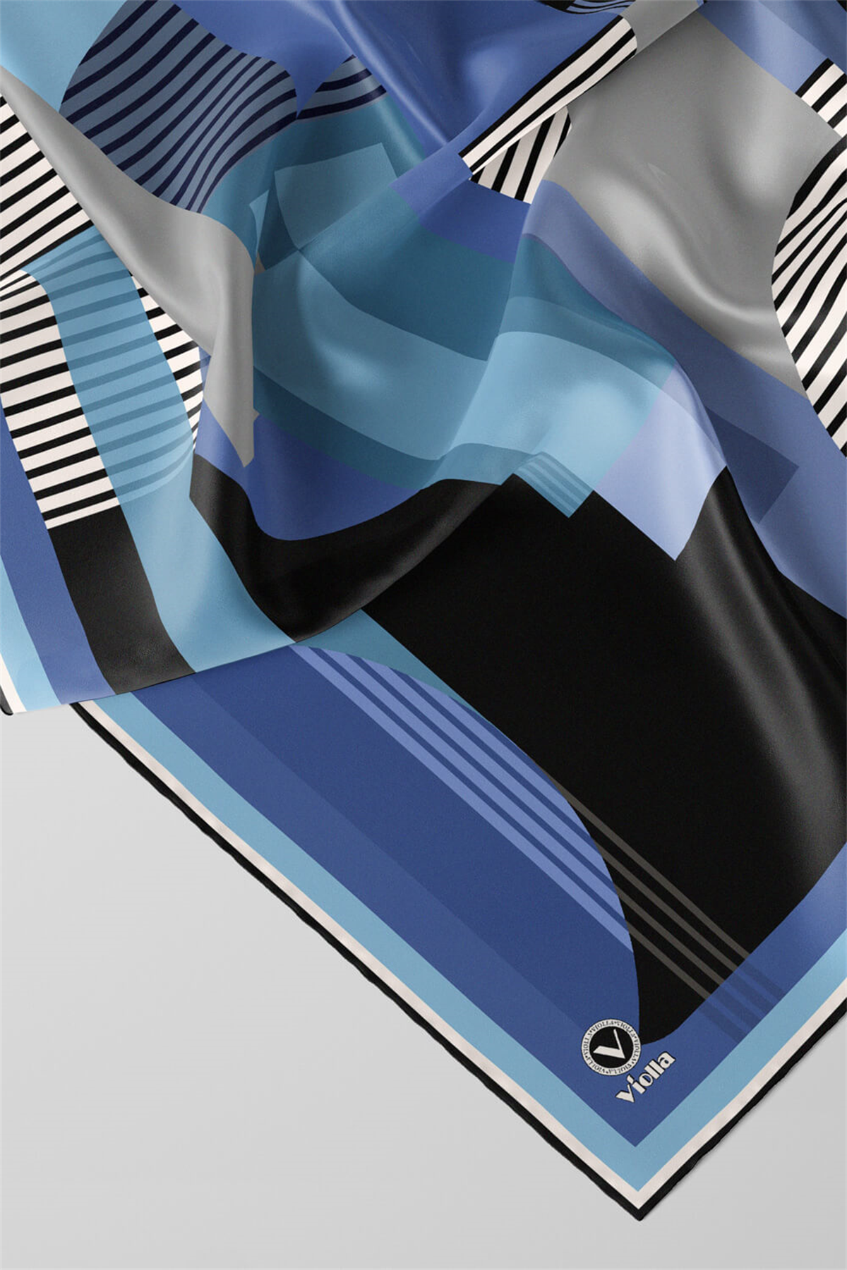 Twill Çizgili Ve Geometrik Desenli Bebe Mavisi Renkli 90x90 Eşarp (İpek İçermez) Kenar Dikiş Şekli El Dikişli