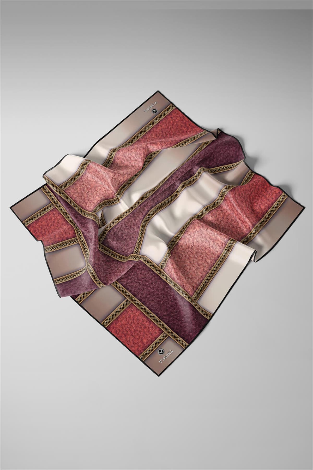 %100 Twill İpek Dokulu Ve Şerit Desenli Gül Kurusu - Somon Renkli 90x90 Eşarp Dikim Şekli : El Dikişi