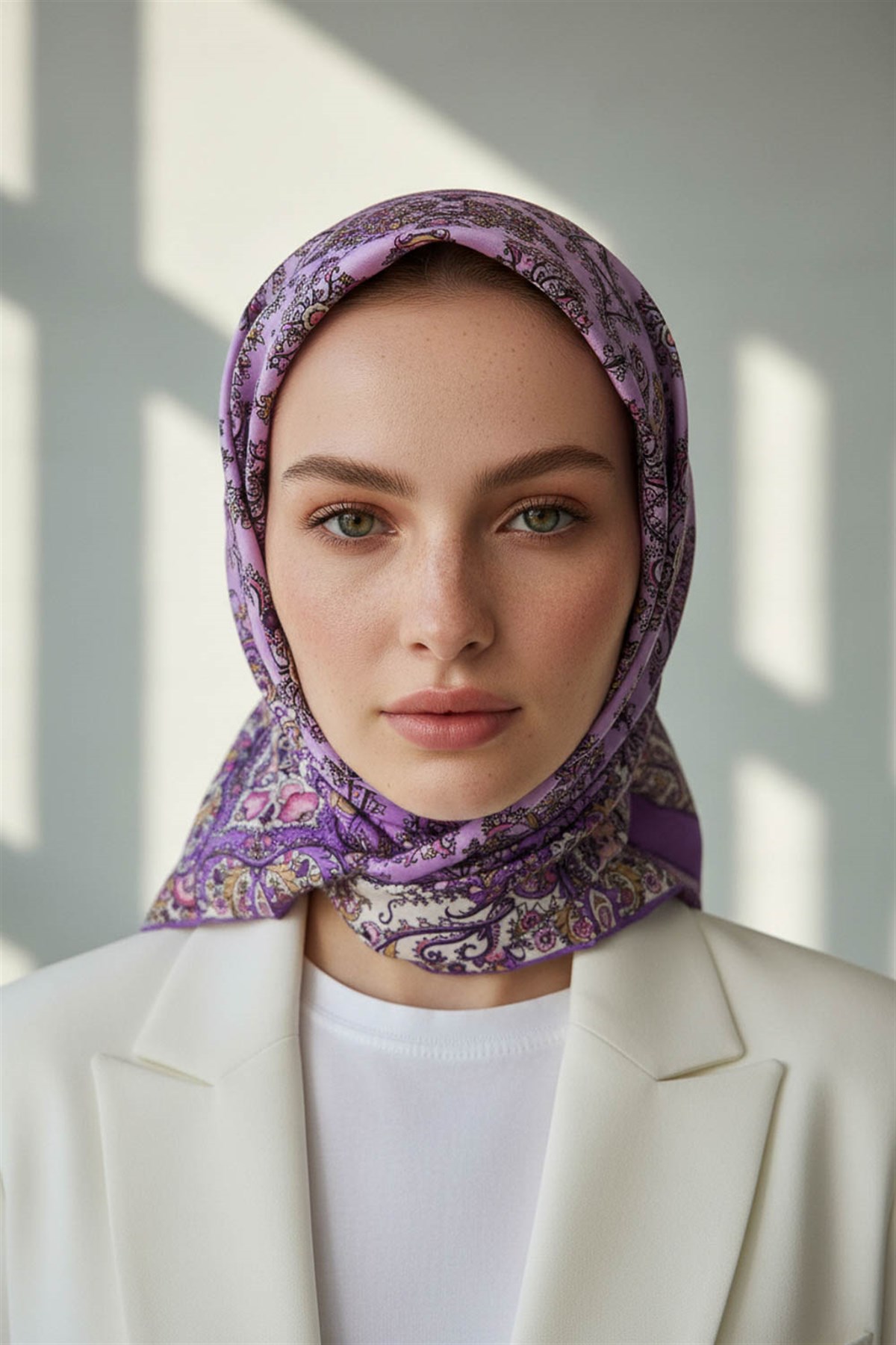 %100 Twill İpek Şal Desenli Lila Renkli 90x90 Eşarp Dikim Şekli : El Dikişi