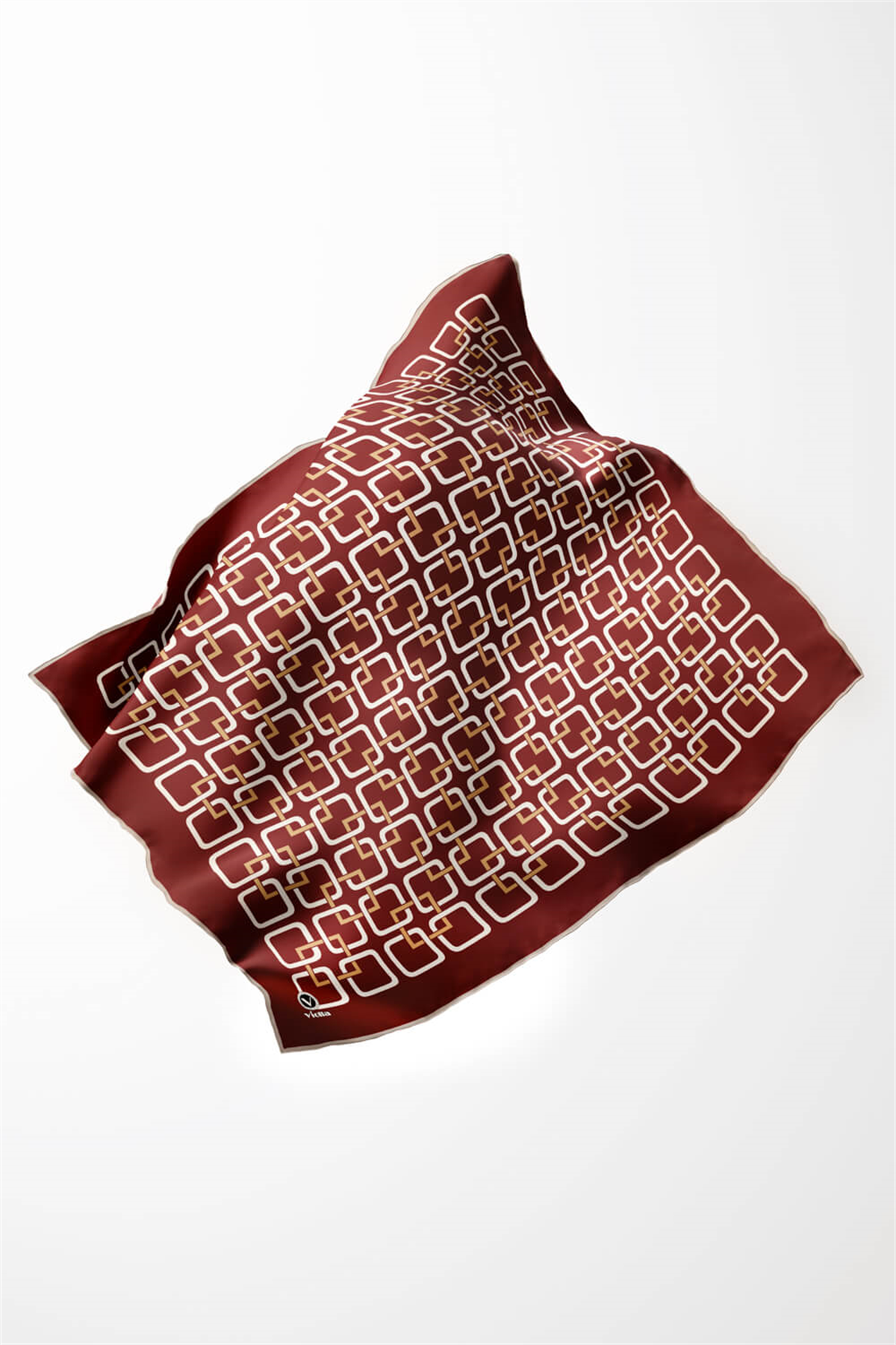 Twill Geometrik Desenli Bordo Renkli 90x90 Eşarp (İpek İçermez) Kenar Dikiş Şekli El Dikişli