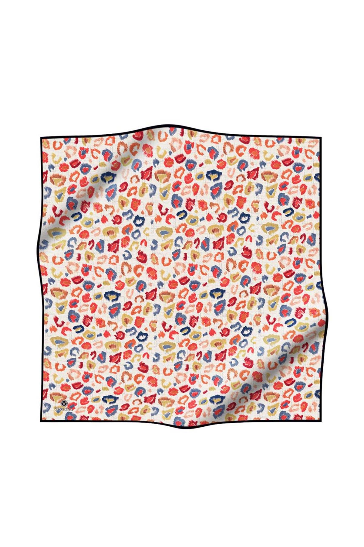 %100 Twill İpek Renkli Leopar Desenli Turuncu - Sarı Renkli 90x90 Eşarp Kenar Dikiş Şekli El Dikişli