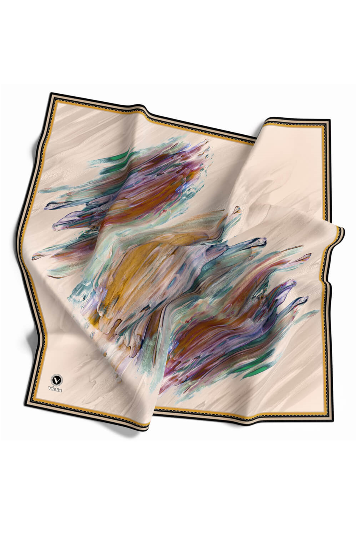 Twill Fırça Darbesi Desenli Hardal Renkli 90x90 Eşarp (İpek İçermez) Dikim Şekli : El Dikişi