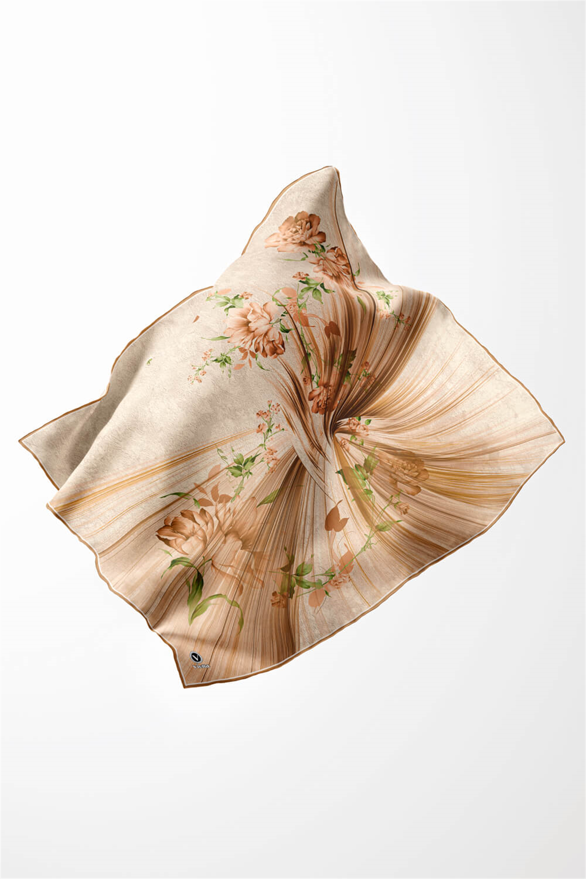 Twill Çiçekli Desenli Hardal Renkli 90x90 Eşarp (İpek İçermez) Kenar Dikiş Şekli El Dikişli