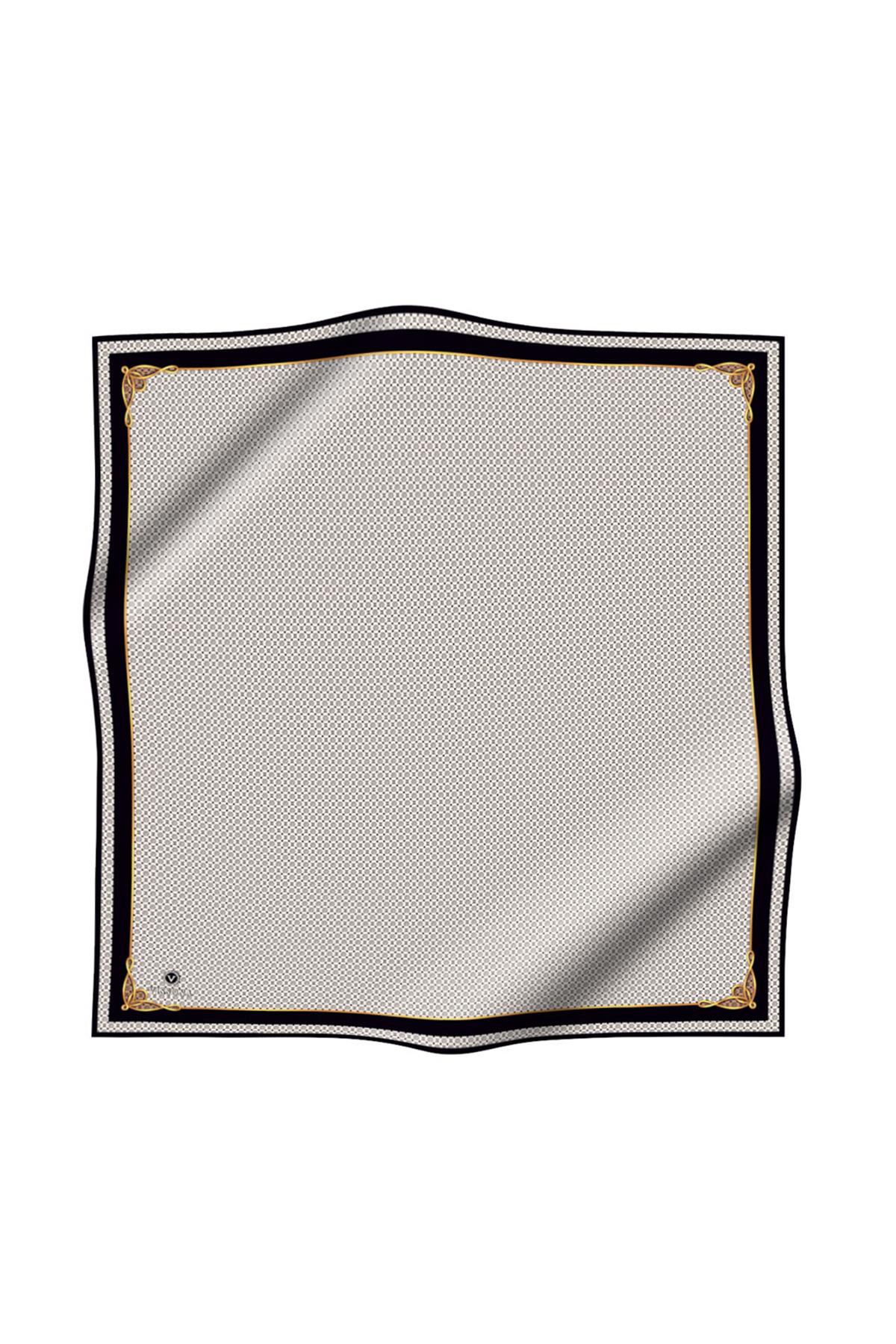%100 Twill İpek Minik Motif Desenli Krem - Siyah Renkli 90x90 Eşarp Dikim Şekli : El Dikişi