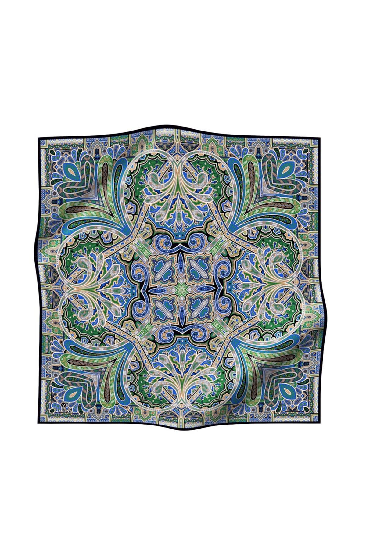 100% Twill İpek Etnik Desenli Saks - Zümrüt Yeşili Renkli 90x90 Dikim Şekli : El Dikişi Eşarp