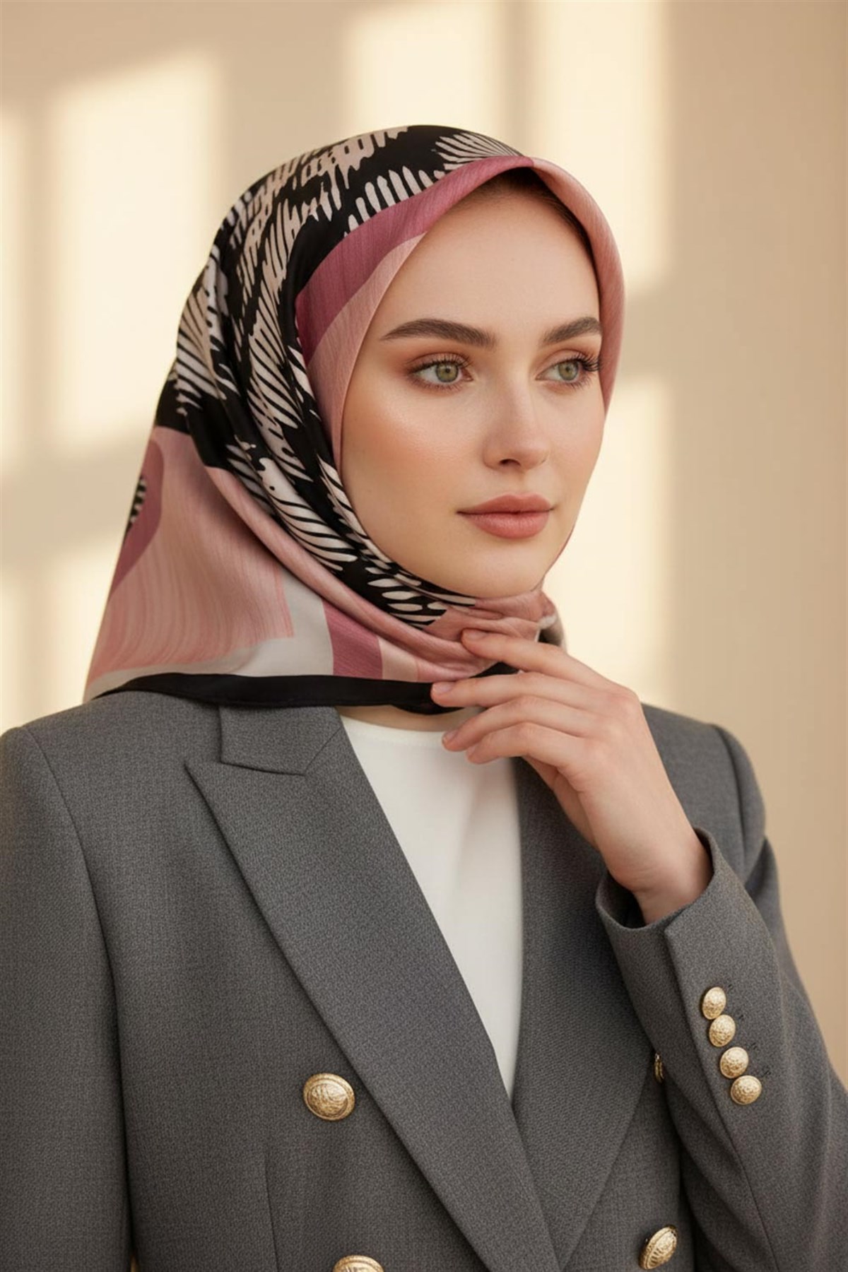%100 Twill İpek Kazayağı Desenli Pudra - Siyah Renkli 90x90 Eşarp Kenar Dikiş Şekli El Dikişli