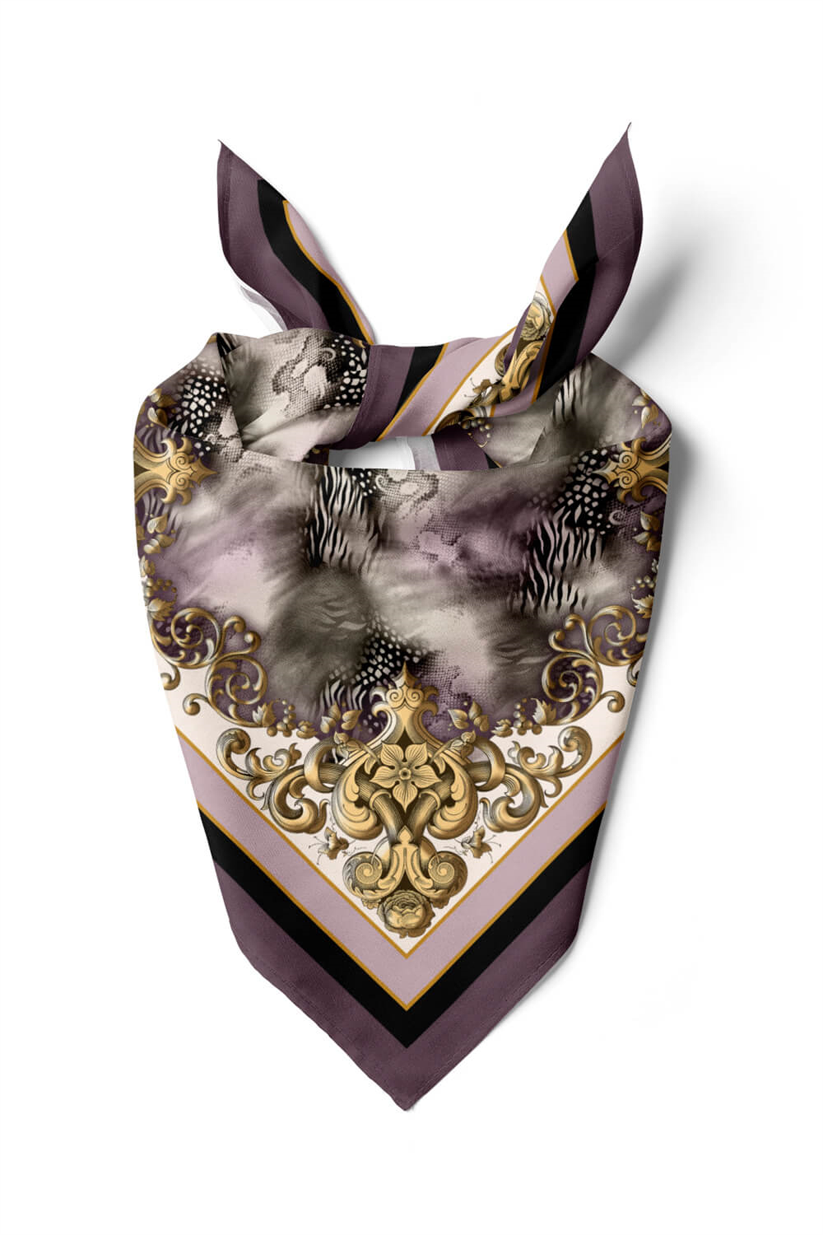 D118 Kadın Vintage Desenli Bandana 50x50 Mor DG0223-22