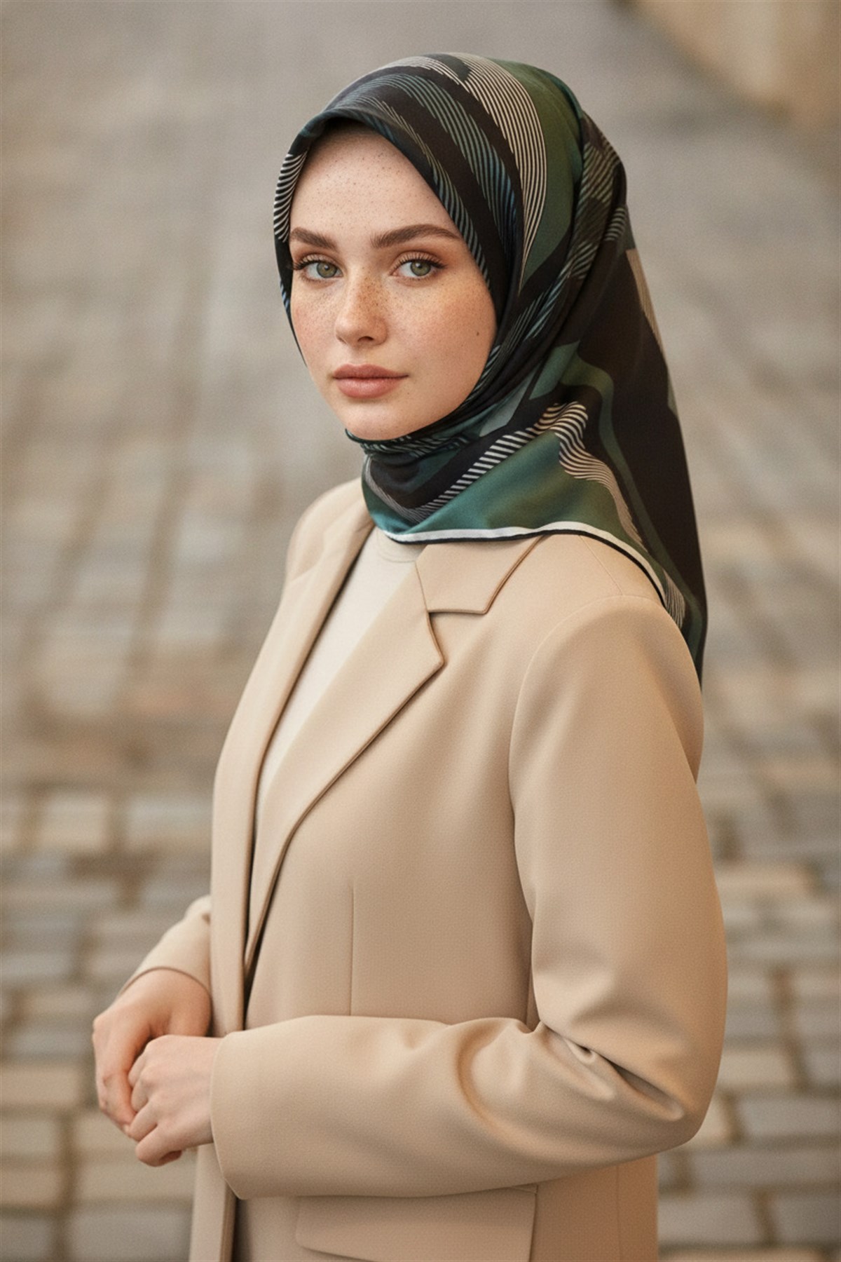 % 57 İPEK % 43 VİSKON Twill İpek Geometrik Desenli Zümrüt Yeşili - Siyah Renkli 90x90 Eşarp Dikim Şekli : El Dikişi