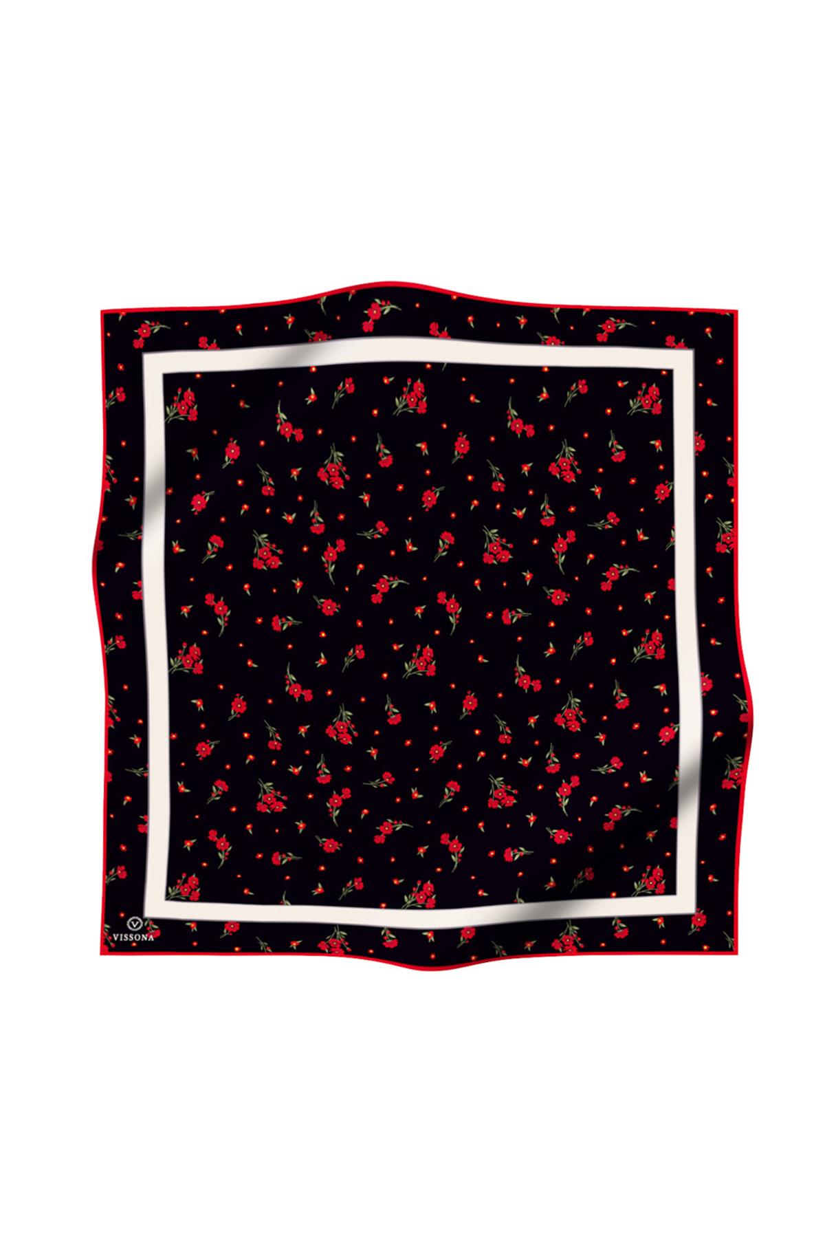 100% Twill İpek Bordürlü Çıtır Çiçek Desenli Siyah - Kırmızı Renkli 90x90 Dikim Şekli : El Dikişi Eşarp