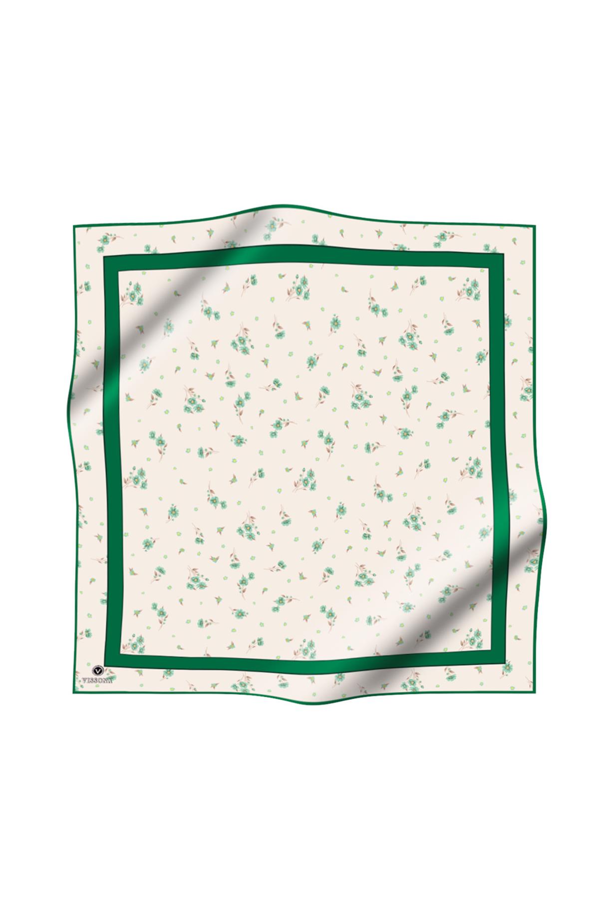 100% Twill İpek Bordürlü Çıtır Çiçek Desenli Zümrüt Yeşili Renkli 90x90 Dikim Şekli : El Dikişi Eşarp