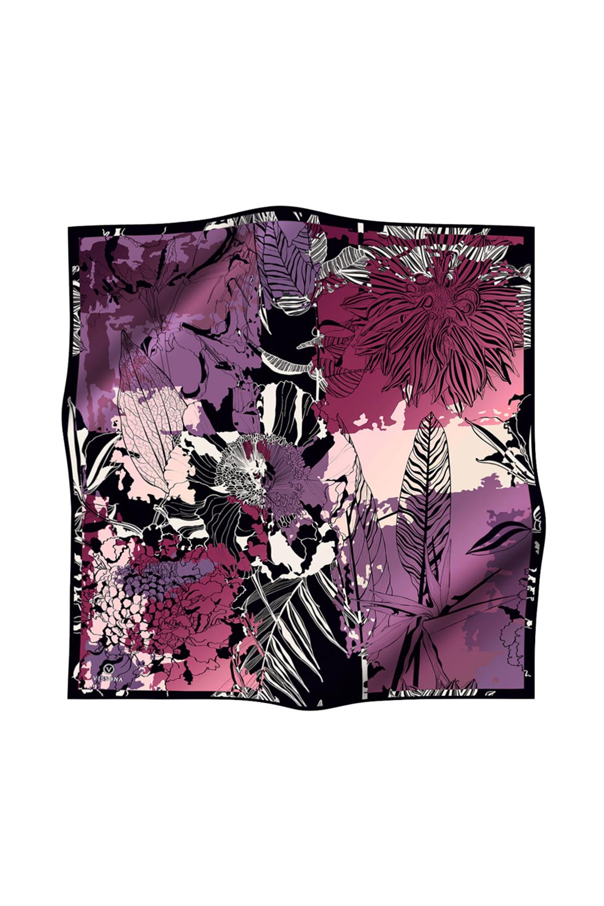 %100 Twill İpek Yaprak Desenli Mor - Mürdüm Renkli 90x90 Eşarp Dikim Şekli : El Dikişi