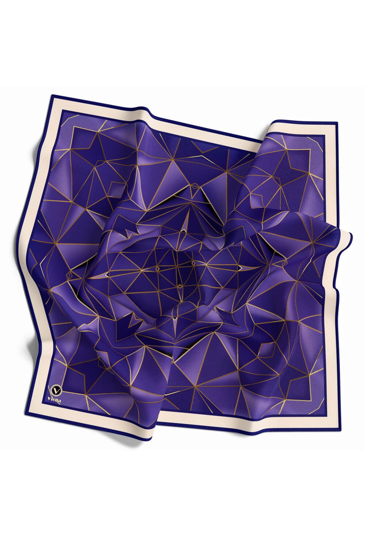 Twill Geometrik Desenli Saks Renkli 90x90 Eşarp (İpek İçermez) Kenar Dikiş Şekli El Dikişli