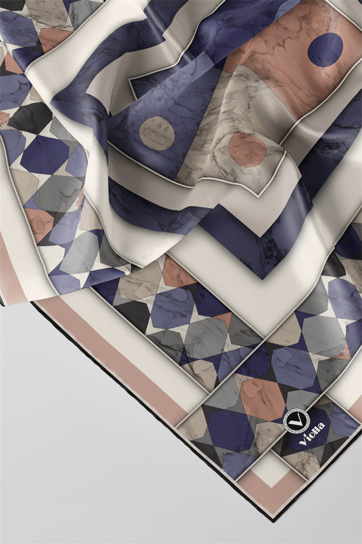 Twill Geometrik Mermer Desenli Pudra Renkli 90x90 Eşarp (İpek İçermez) Kenar Dikiş Şekli El Dikişli