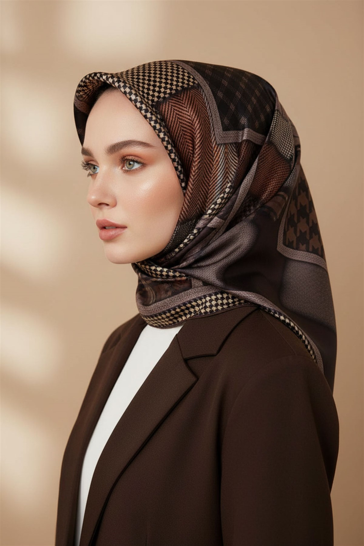 %100 Twill İpek Kazakayaklı Ve Ekose Desenli Kahverengi - Bej Renkli 90x90 Eşarp Dikim Şekli : El Dikişi