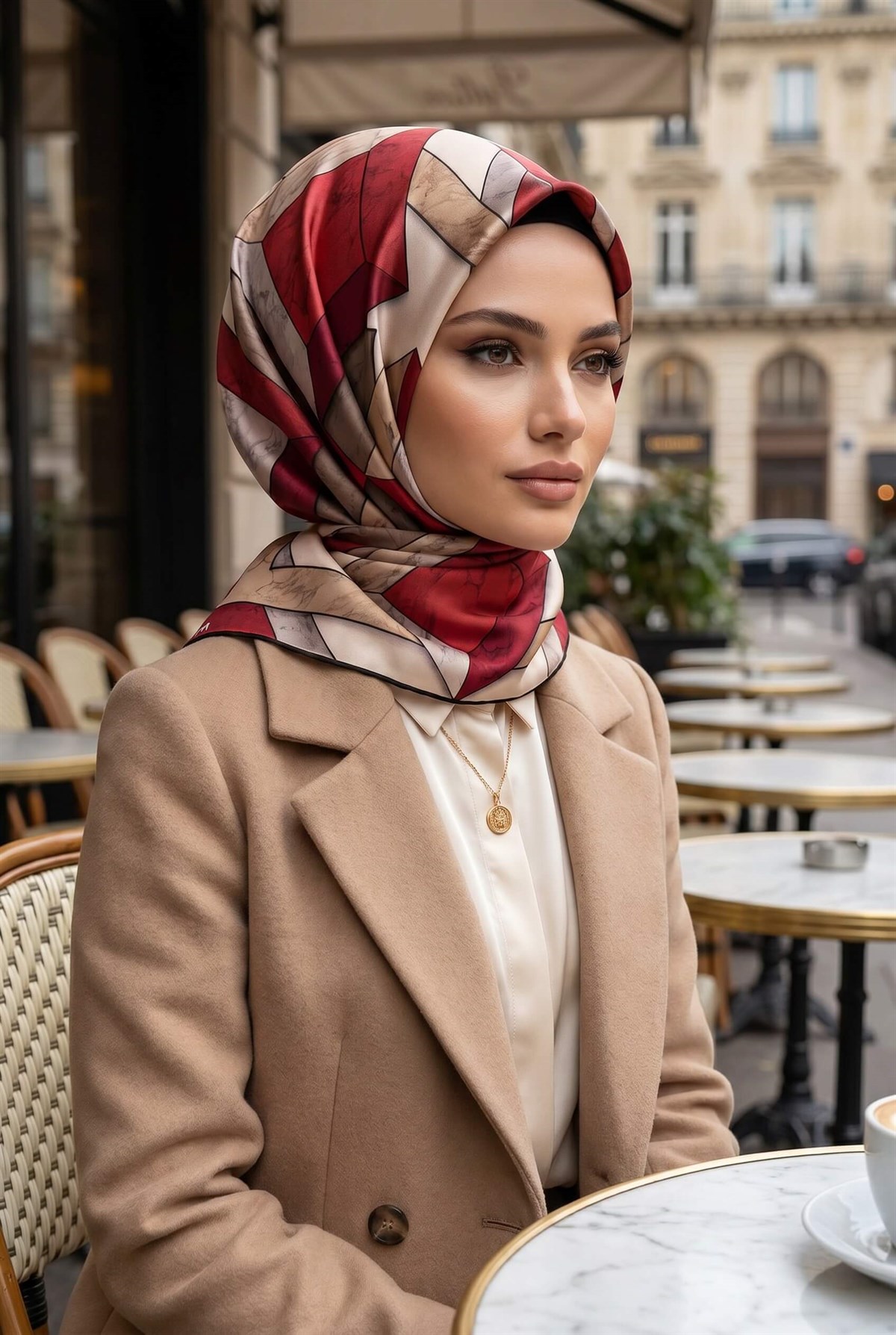%100 Twill İpek Mermer Desenli Bordo - Bej Renkli 90x90 Eşarp Dikim Şekli : El Dikişi