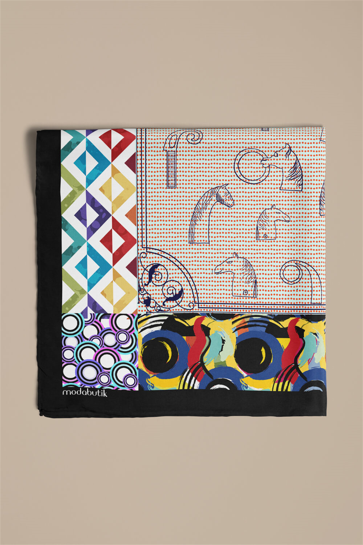 Kadın Krem Mavi Satranç Desenli 50x50 Bandana