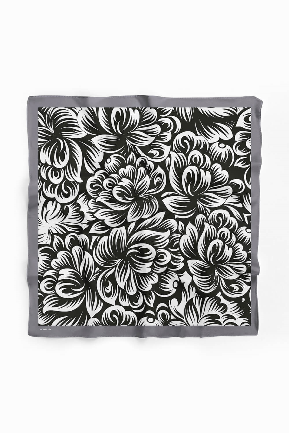A80 Kadın Çiçek Desenli Bandana 50x50 Siyah Beyaz DG0409-22