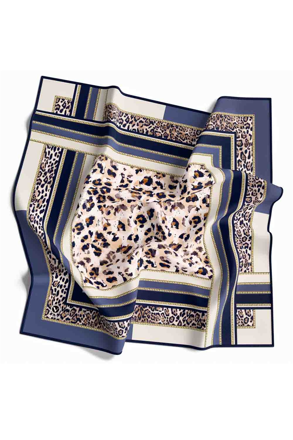 Twill Kemerli ve Leopar Desenli İndigo Renkli 90x90 Eşarp (İpek İçermez) Dikim Şekli : El Dikişi