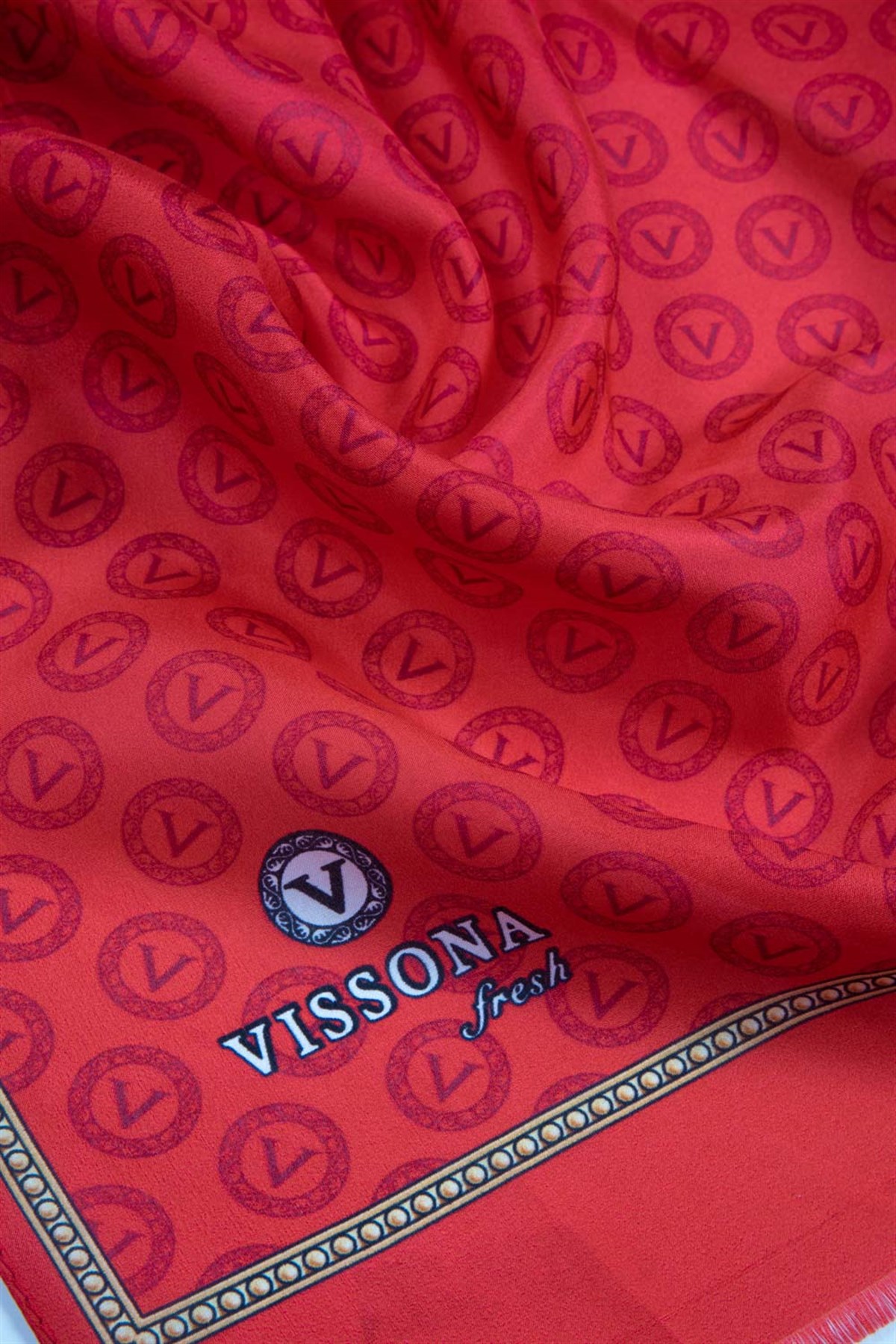 %100 İpek Degradeli Ve Monogram Desenli Kırmızı - Gold Renkli 92x210 Şal