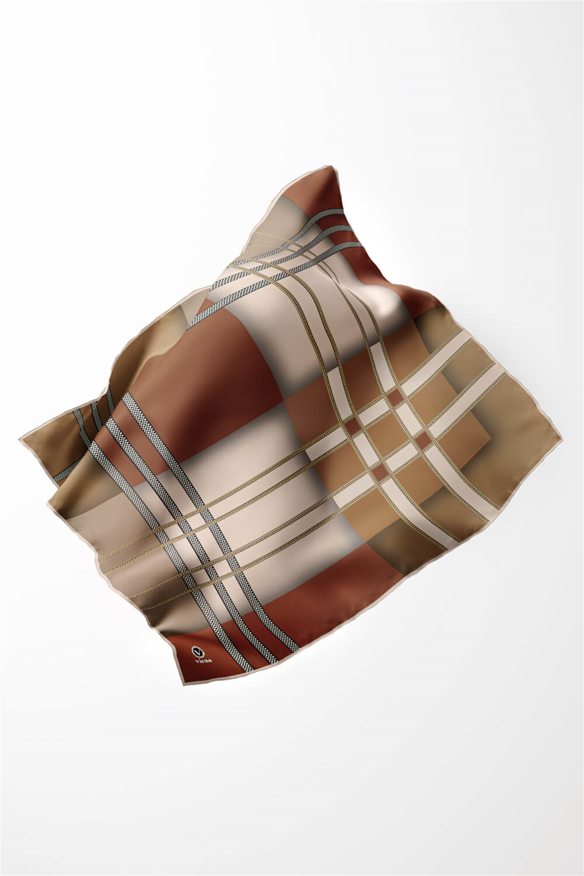 Twill Geometrik Desenli Taba - Hardal Renkli 90x90 Eşarp (İpek İçermez) Kenar Dikiş Şekli El Dikişli