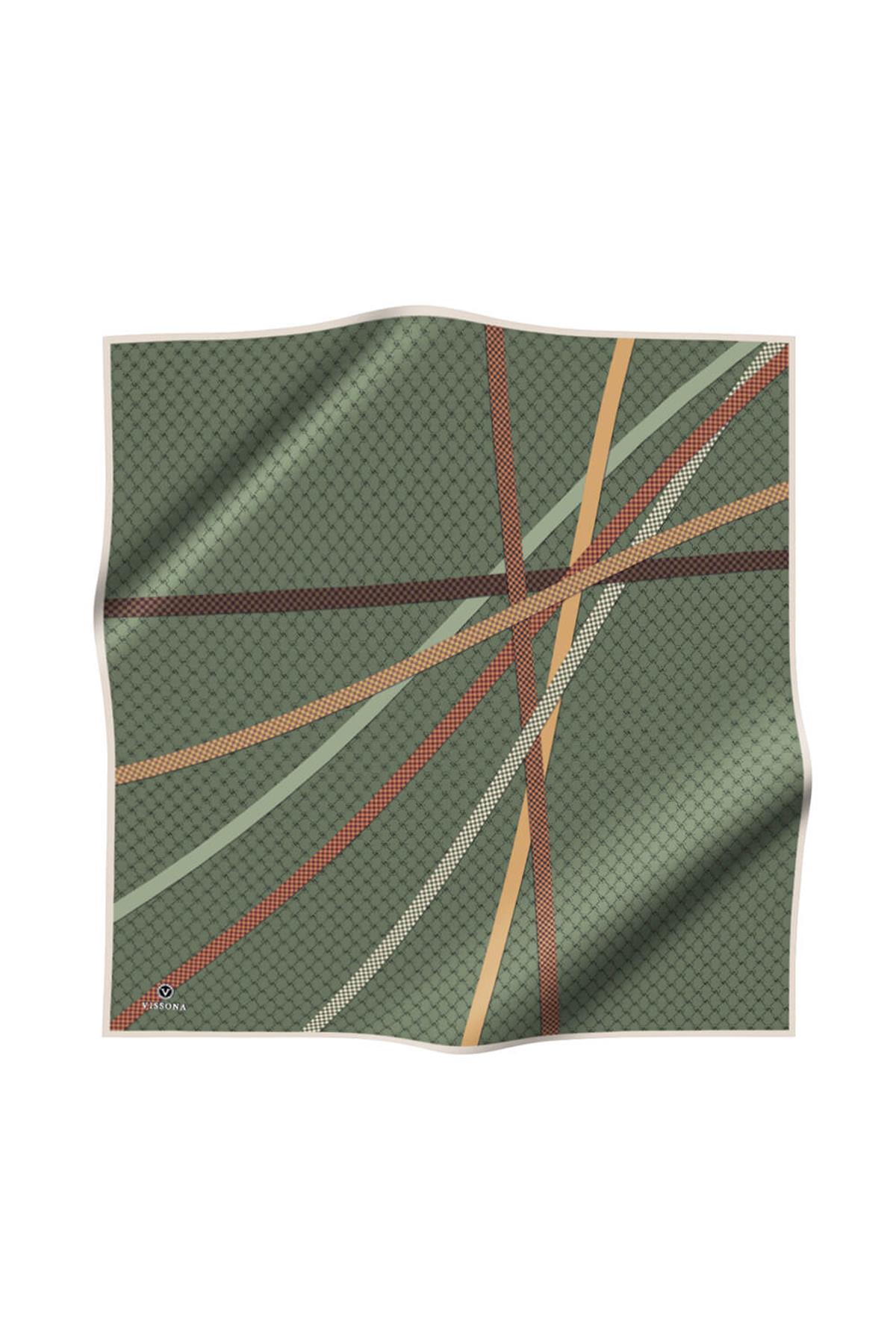 %100 Twill İpek Monogram Ve Şerit Desenli Haki - Taba Renkli 90x90 Eşarp Dikim Şekli : El Dikişi