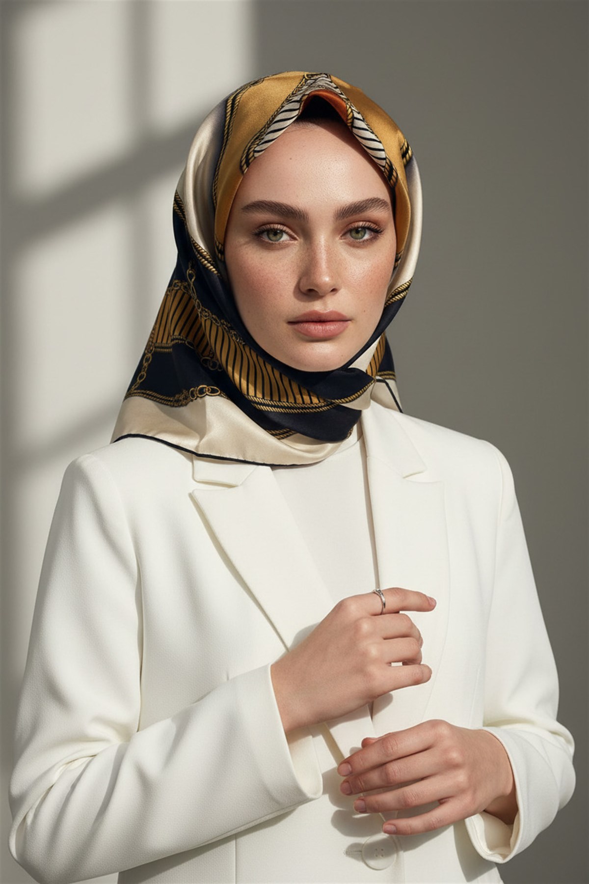 %100 Twill İpek Zincir Detaylı Geometrik Desenli Taba - Vizon Renkli 90x90 Eşarp Dikim Şekli : El Dikişi
