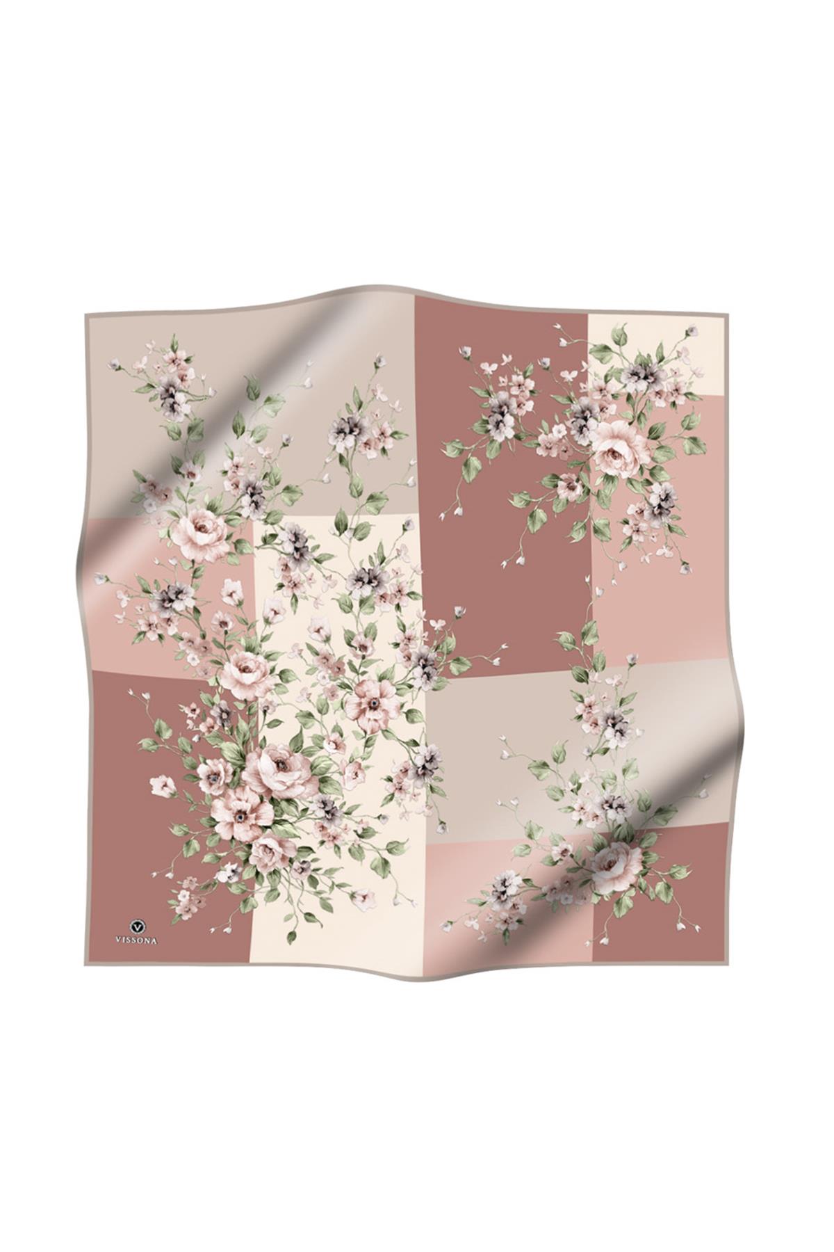 %100 Twill İpek Geometrik Ve Çiçek Desenli Krem - Soğan Kabuğu Renkli 90x90 Eşarp Dikim Şekli : El Dikişi