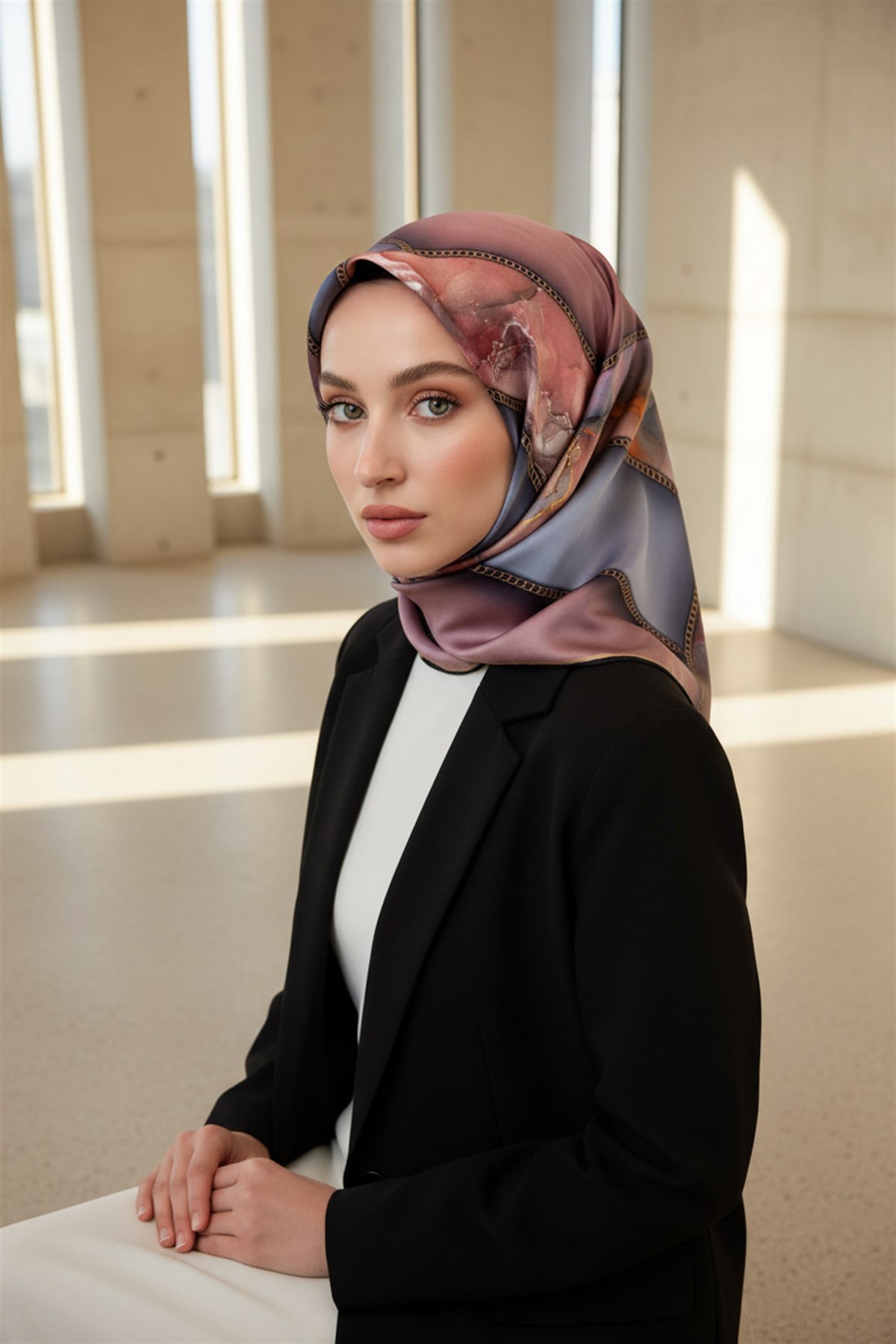 %100 Twill İpek Efektli Bant Desenli Pudra - Gri Renkli 90x90 Eşarp Dikim Şekli : El Dikişi