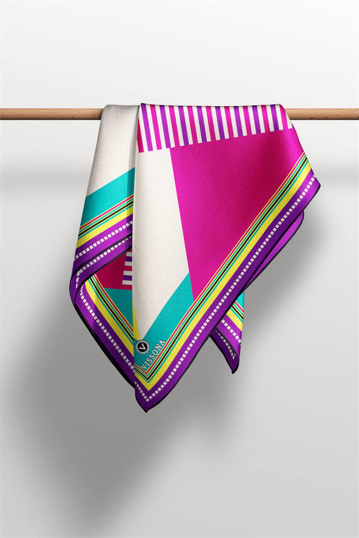 %100 Twill İpek Geometrik Desenli Fuşya - Mor Renkli 90x90 Eşarp Dikim Şekli : El Dikişi