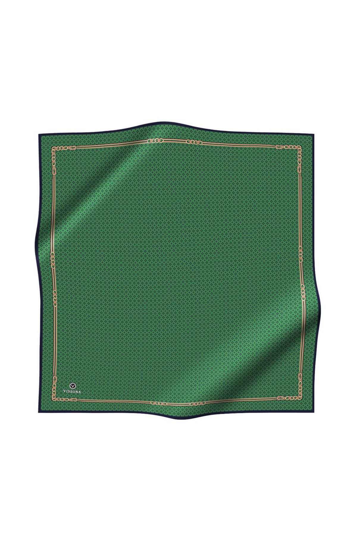 %100 Twill İpek Zincir Desenli Zümrüt Yeşili - Siyah Renkli 90x90 Eşarp Dikim Şekli : El Dikişi