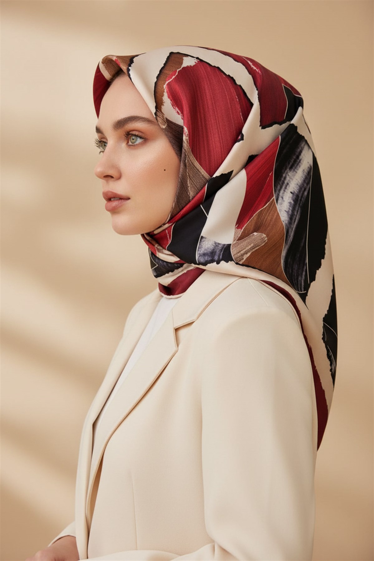 %100 Twill İpek Geometrik Desenli Bordo - Bej Renkli 90x90 Eşarp Dikim Şekli : El Dikişi