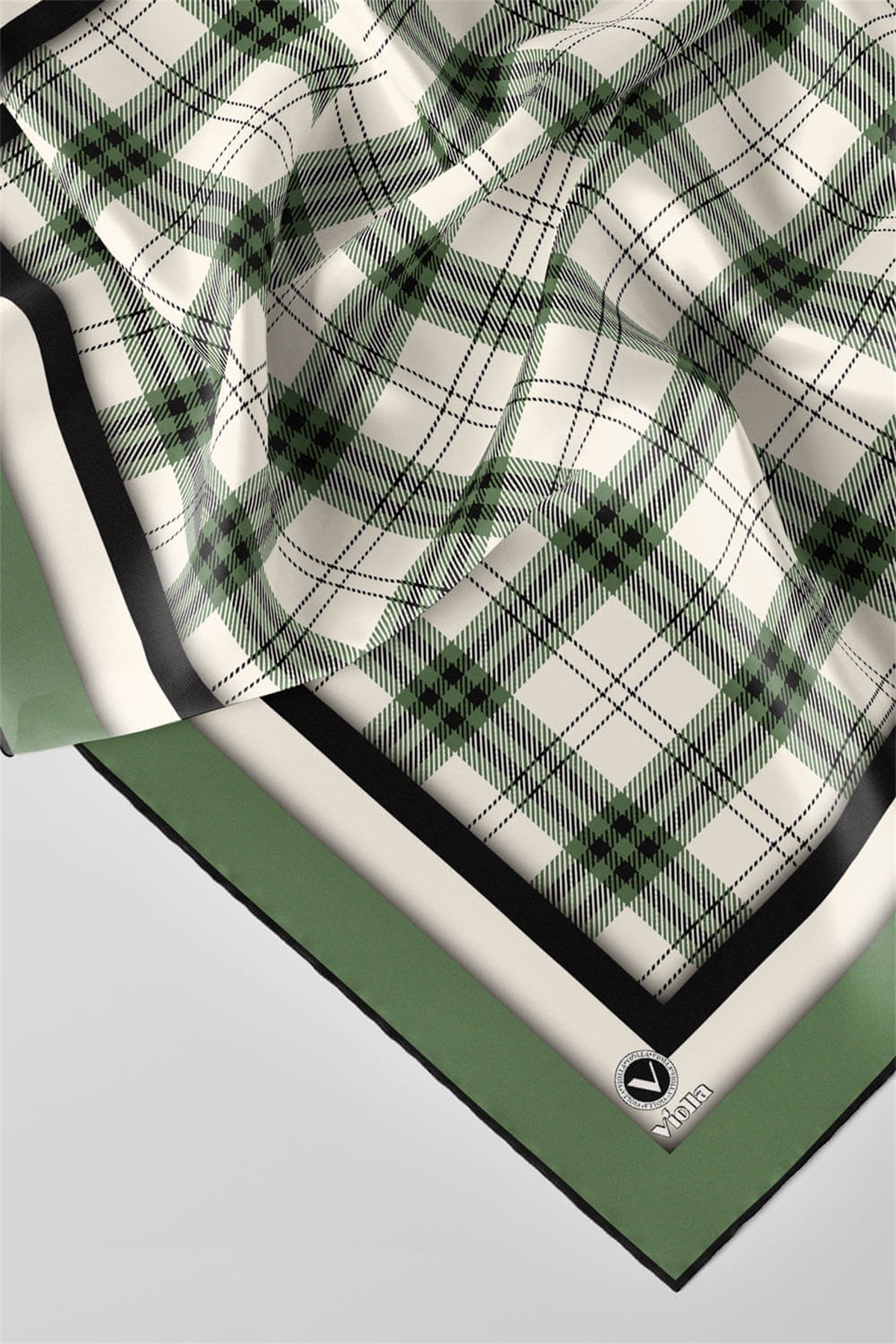 Twill Ekose Desenli Mint Yeşili Renkli 90x90 Eşarp (İpek İçermez) Kenar Dikiş Şekli El Dikişli