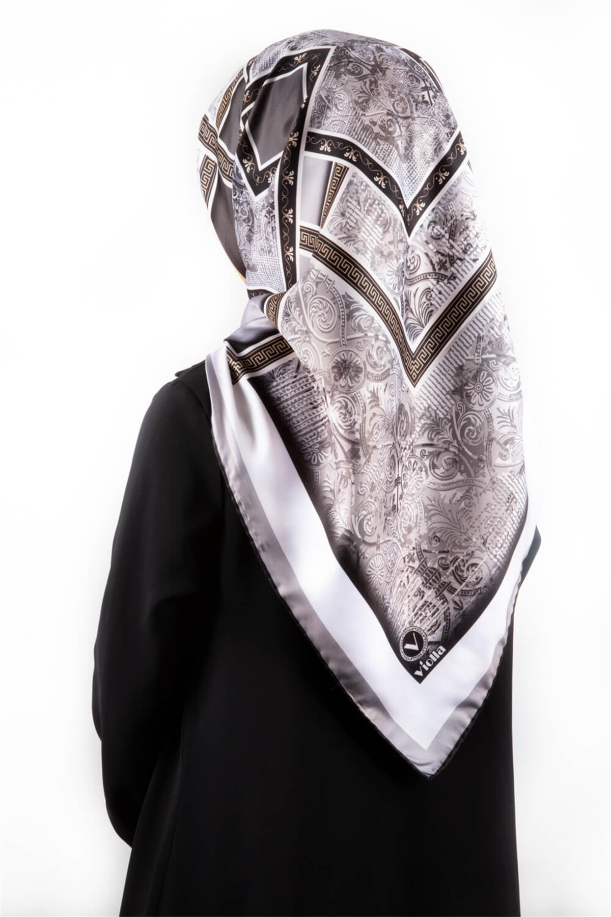 Twill Geometrik Desenli Gri Renkli 90x90 Eşarp (İpek İçermez) Kenar Dikiş Şekli El Dikişli