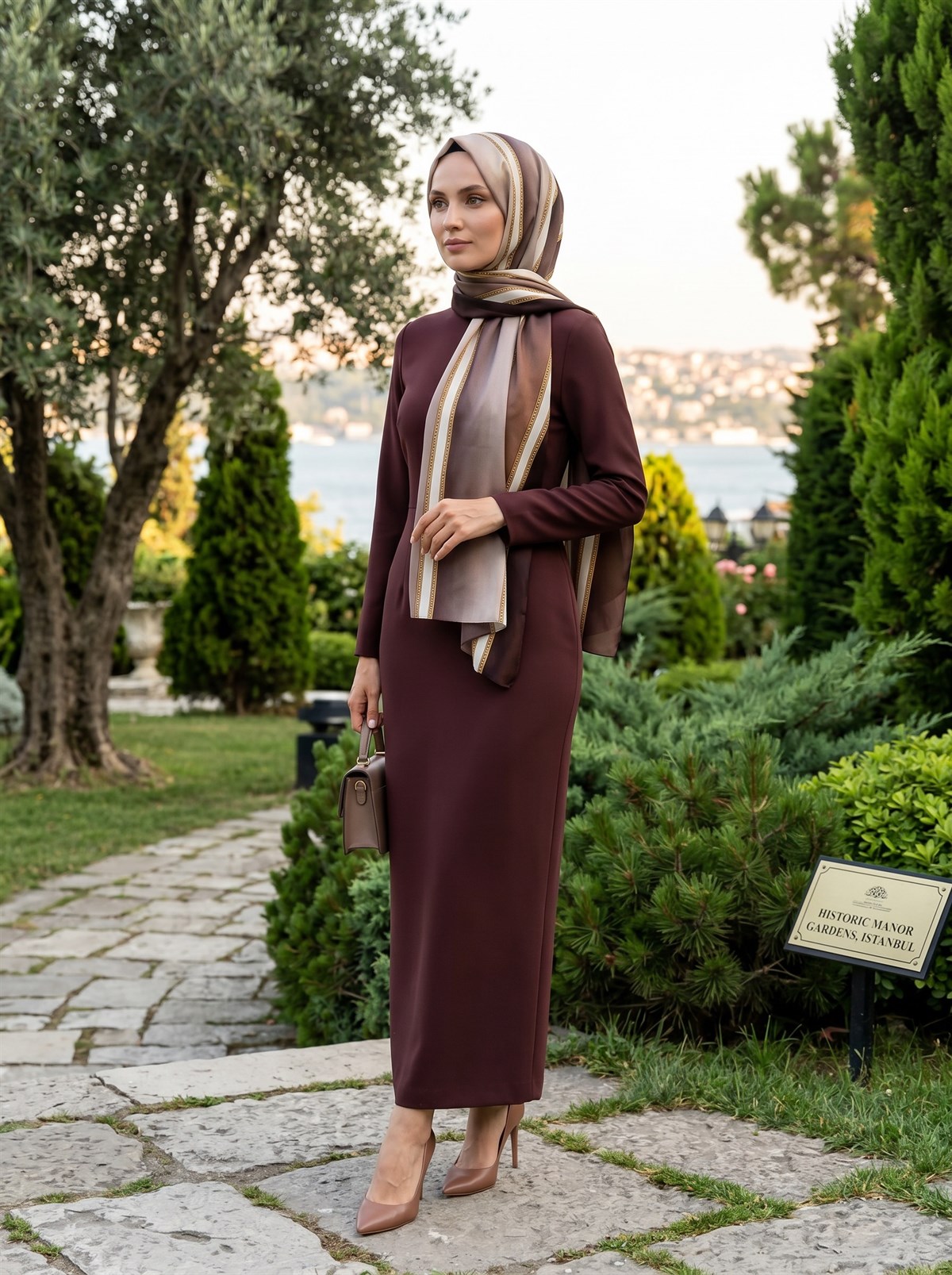 %100 Saf İpek Şal İnce Saten Vual Dokuma Şerit Desenli Krem - Vizon Renkli 90x210 Şal