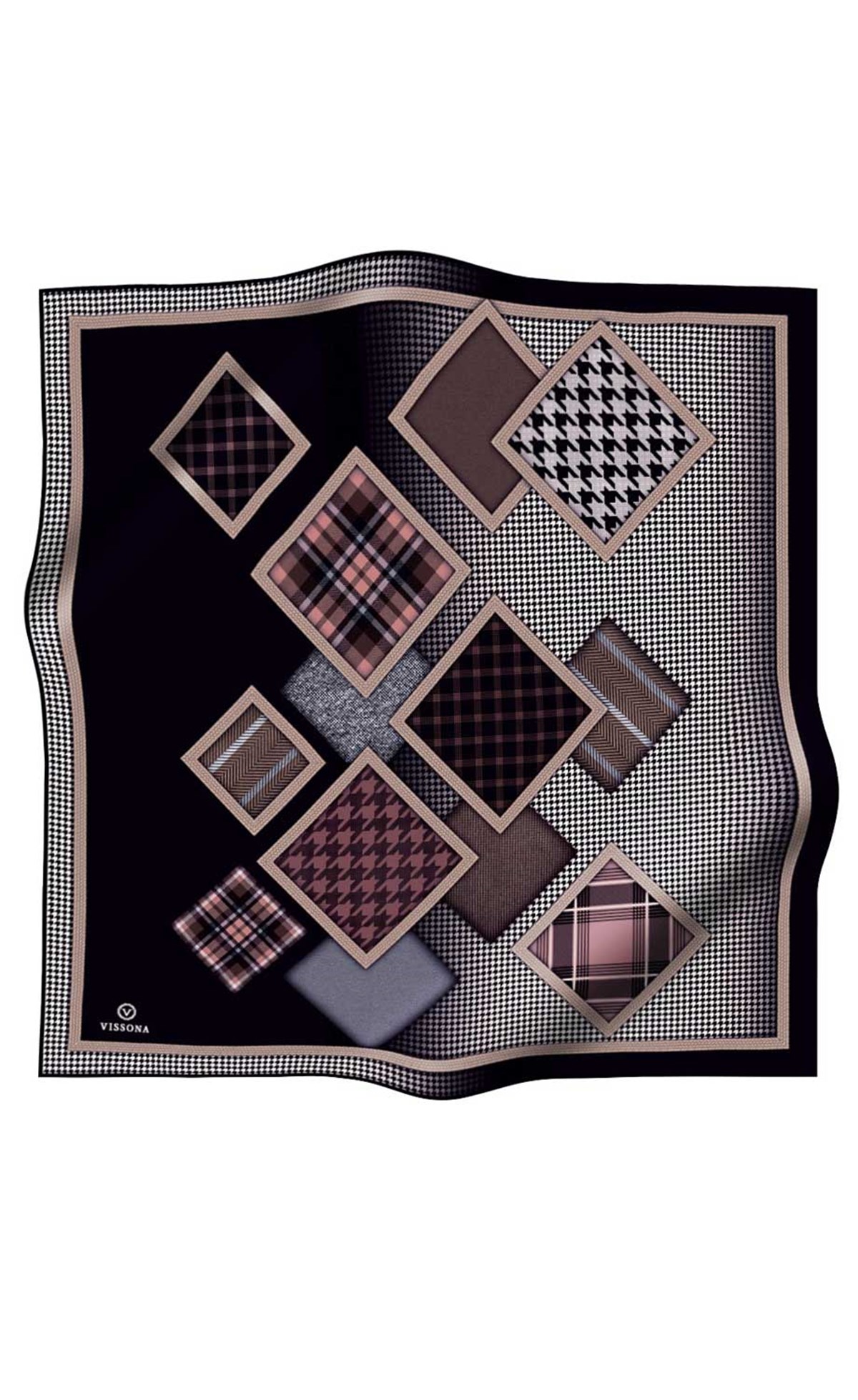 %100 Twill İpek Kazakayaklı Ve Ekose Desenli Siyah - Pudra Renkli 90x90 Eşarp Dikim Şekli : El Dikişi