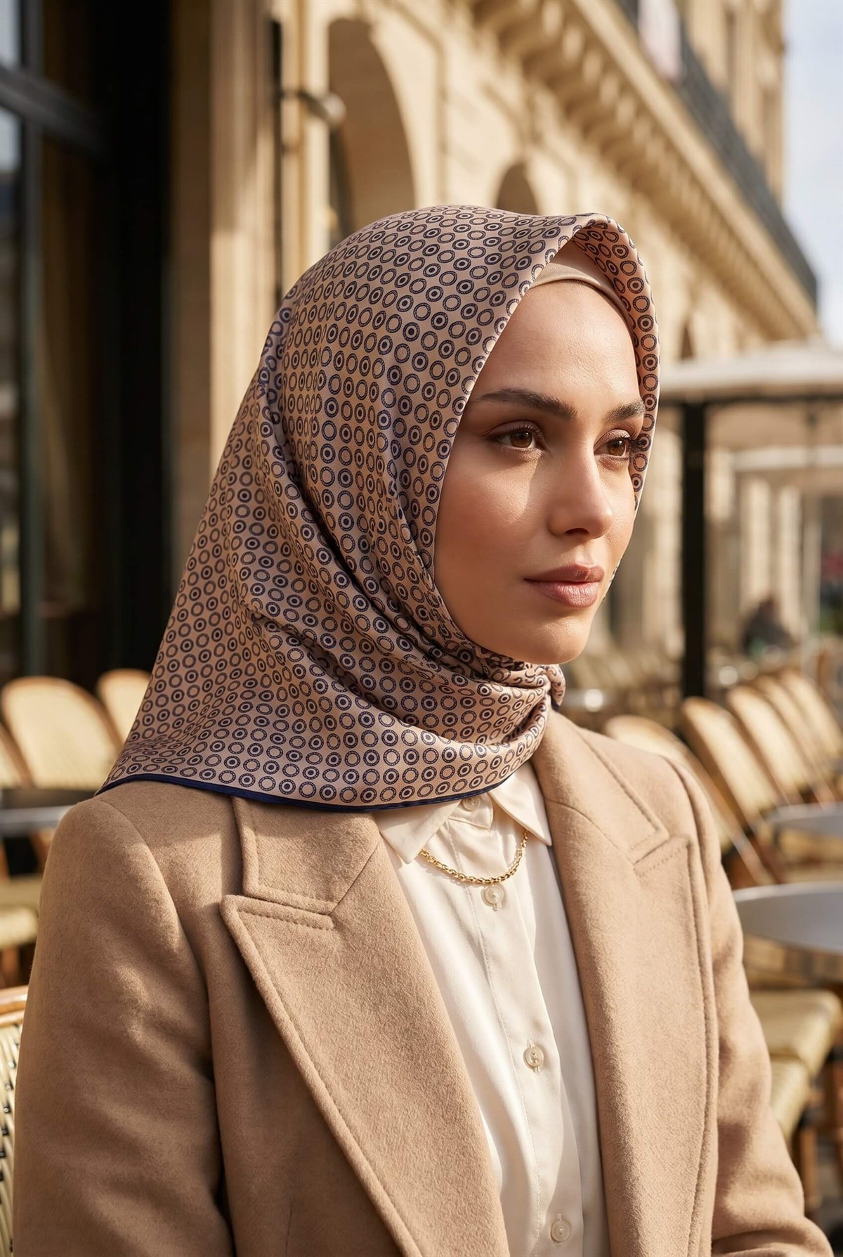 %100 Twill İpek Zincir Desenli Bej - Lacivert Renkli 90x90 Eşarp Kenar Dikiş Şekli El Dikişli