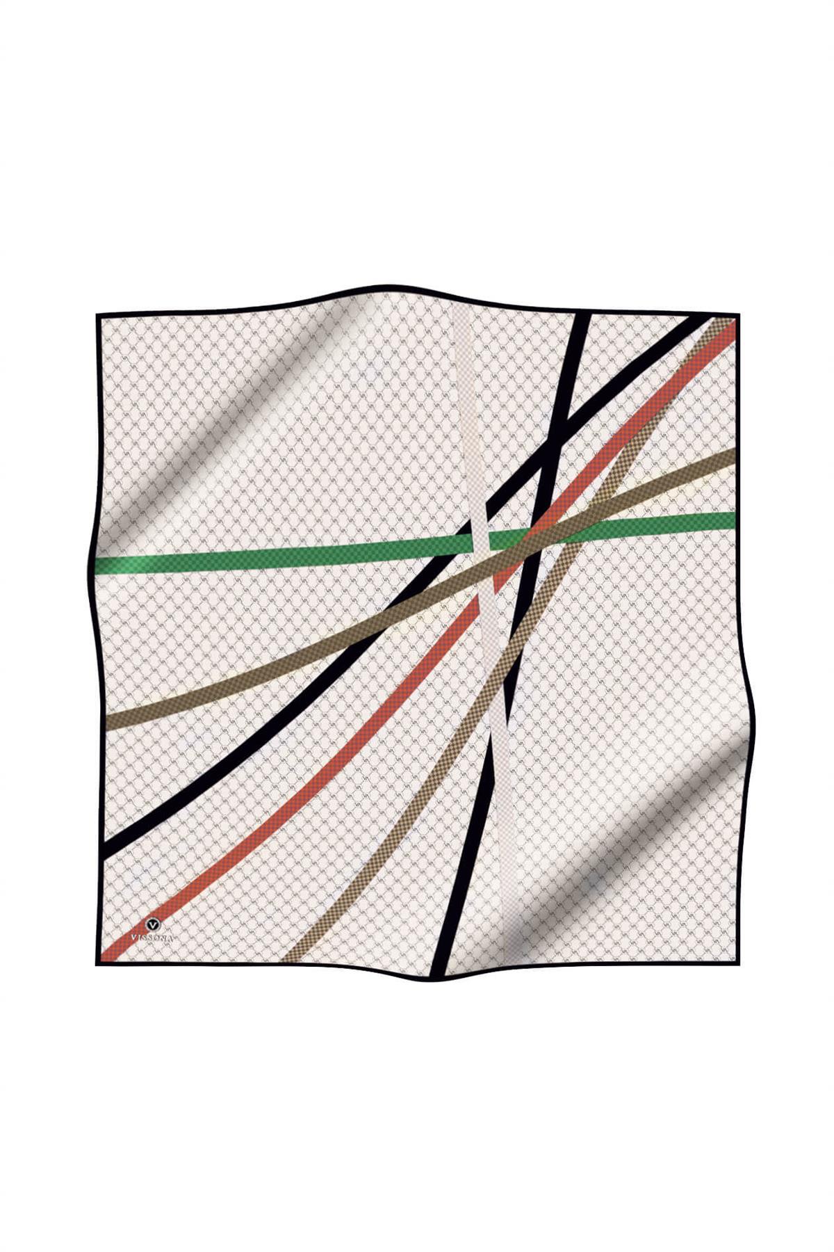 %100 Twill İpek Monogram Ve Şerit Desenli Taba - Siyah Renkli 90x90 Eşarp Dikim Şekli : El Dikişi