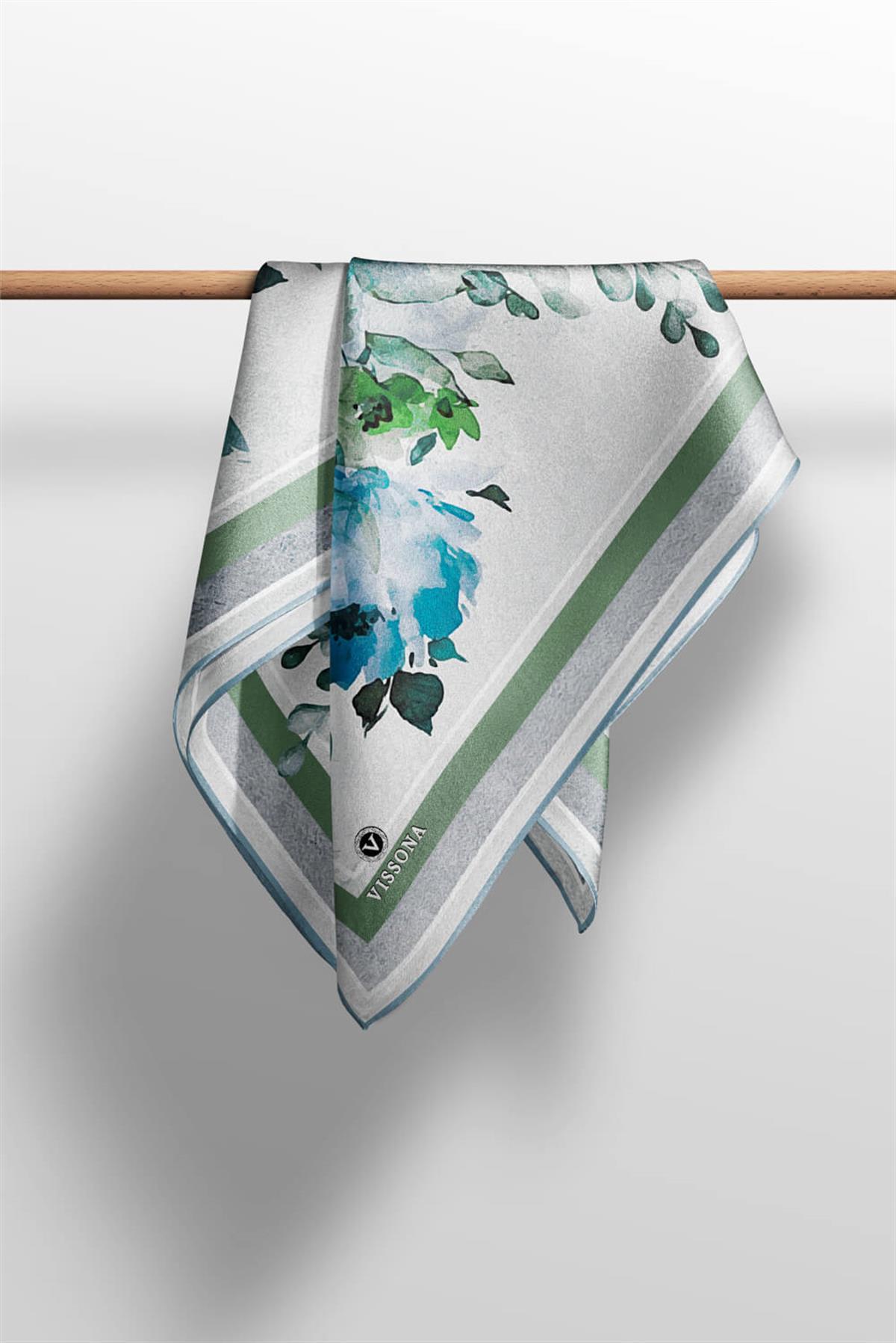 %100 Twill İpek Bahar Çiçekleri Desenli Petrol Yeşili - Haki Renkli 90x90 Eşarp Dikim Şekli : El Dikişi