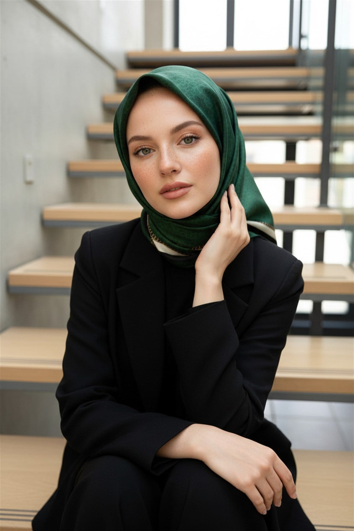 %100 Twill İpek Leopar Desenli Zümrüt Yeşili Renkli 90x90 Eşarp Dikim Şekli : El Dikişi
