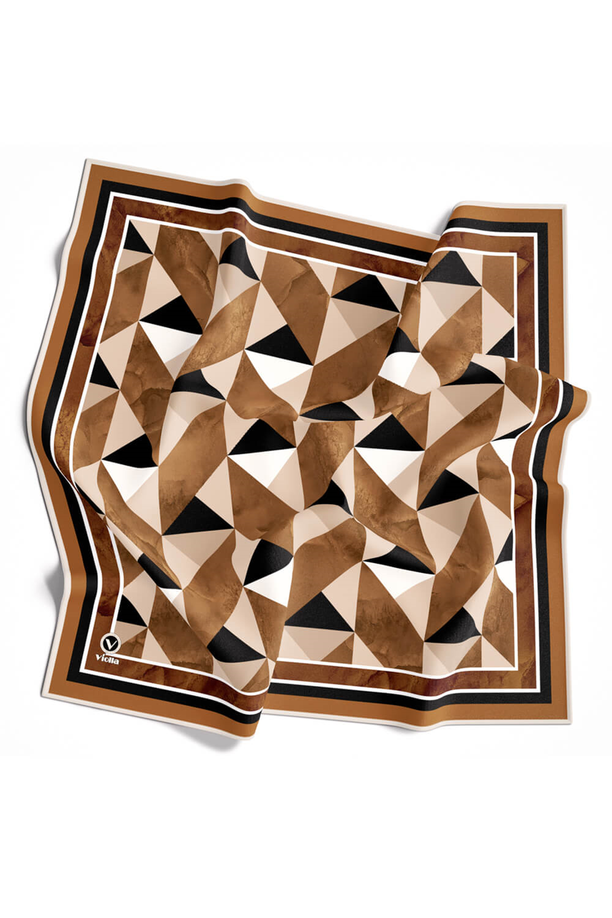 Twill Geometrik Desenli Hardal Renkli 90x90 Eşarp (İpek İçermez) Kenar Dikiş Şekli El Dikişli