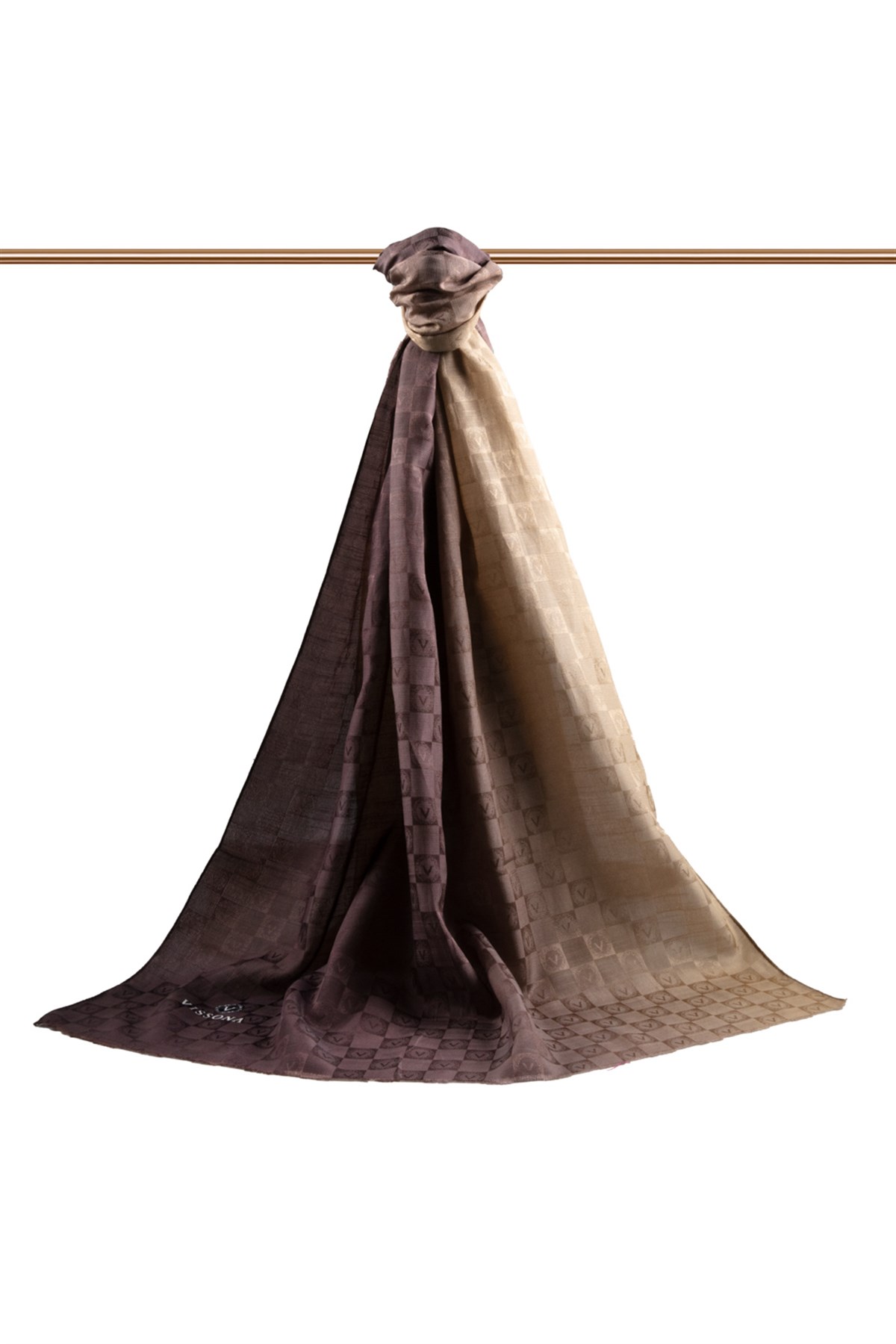 Vissona %57 İPEK %43 PAMUK Degrade Desenli Sütlü Kahverengi Renkli Şal -  70x190 Dikiş Tipi İtalyan Dikişli