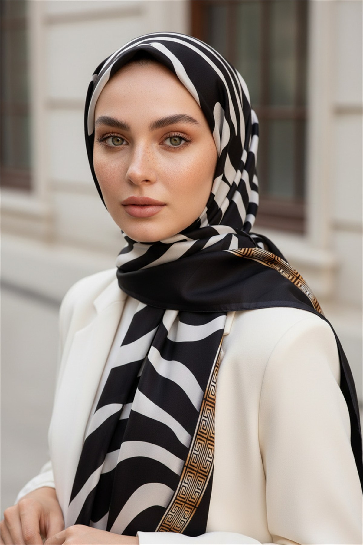 %100 Saf İpek Şal İnce Saten Vual Dokuma Zebra Desenli 90x210 Şal