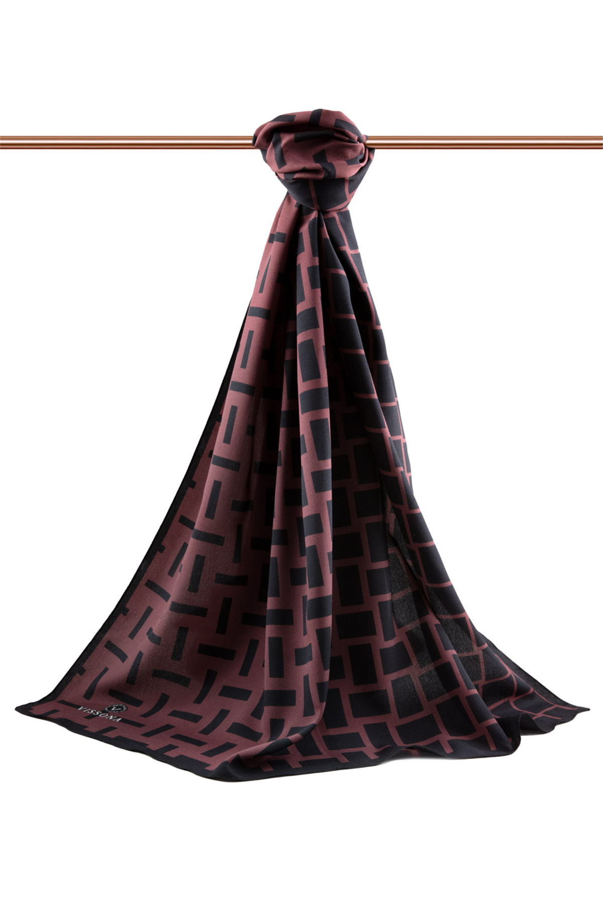 LÜKS MEDİNE İPEĞİ KARELİ DESENLİ GÜL KURUSU RENKLİ 75X195 KIRIŞMAZ ŞAL MOSS KREP DİKİŞ TİPİ İTALYAN DİKİŞLİ