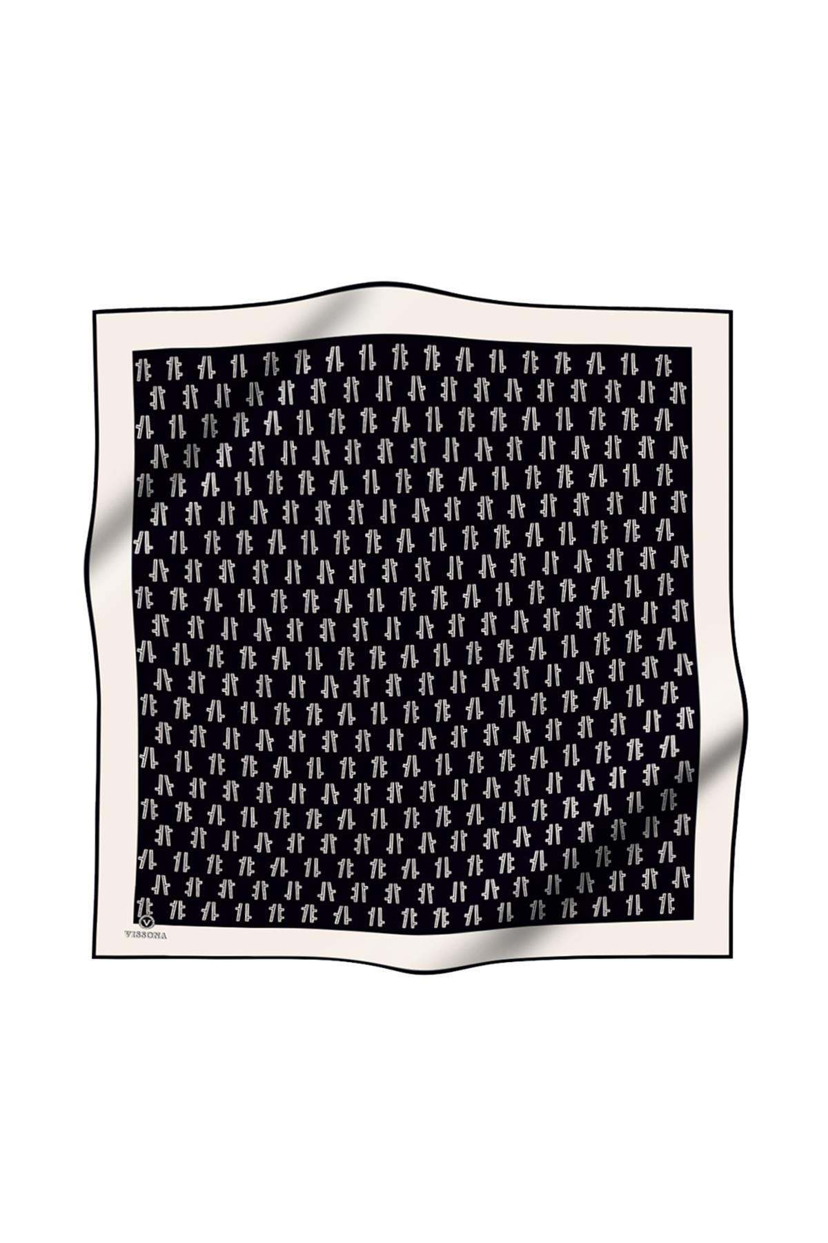 %100 Twill İpek Geometrik Desenli Siyah - Krem Renkli 90x90 Eşarp Dikim Şekli : El Dikişi