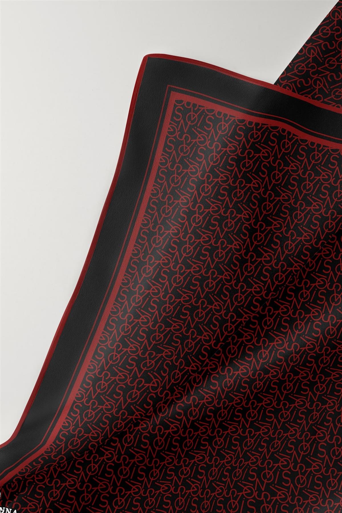 %100 Twill İpek Harf Desenli Siyah - Kırmızı Renkli 90x90 Eşarp Dikim Şekli : El Dikişi