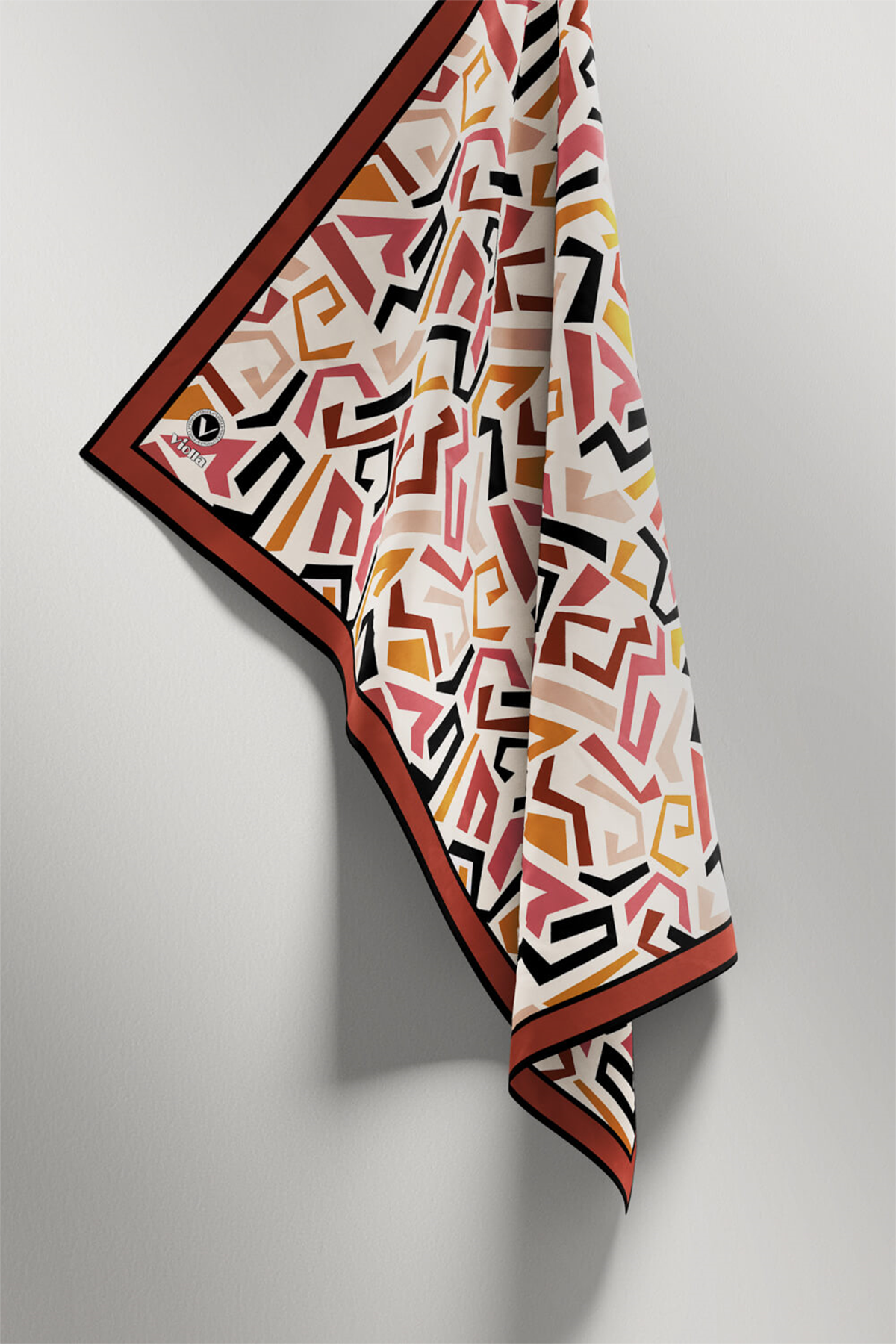 Twill Geometrik Desenli Bakır Renkli 90x90 Eşarp (İpek İçermez) Kenar Dikiş Şekli El Dikişli