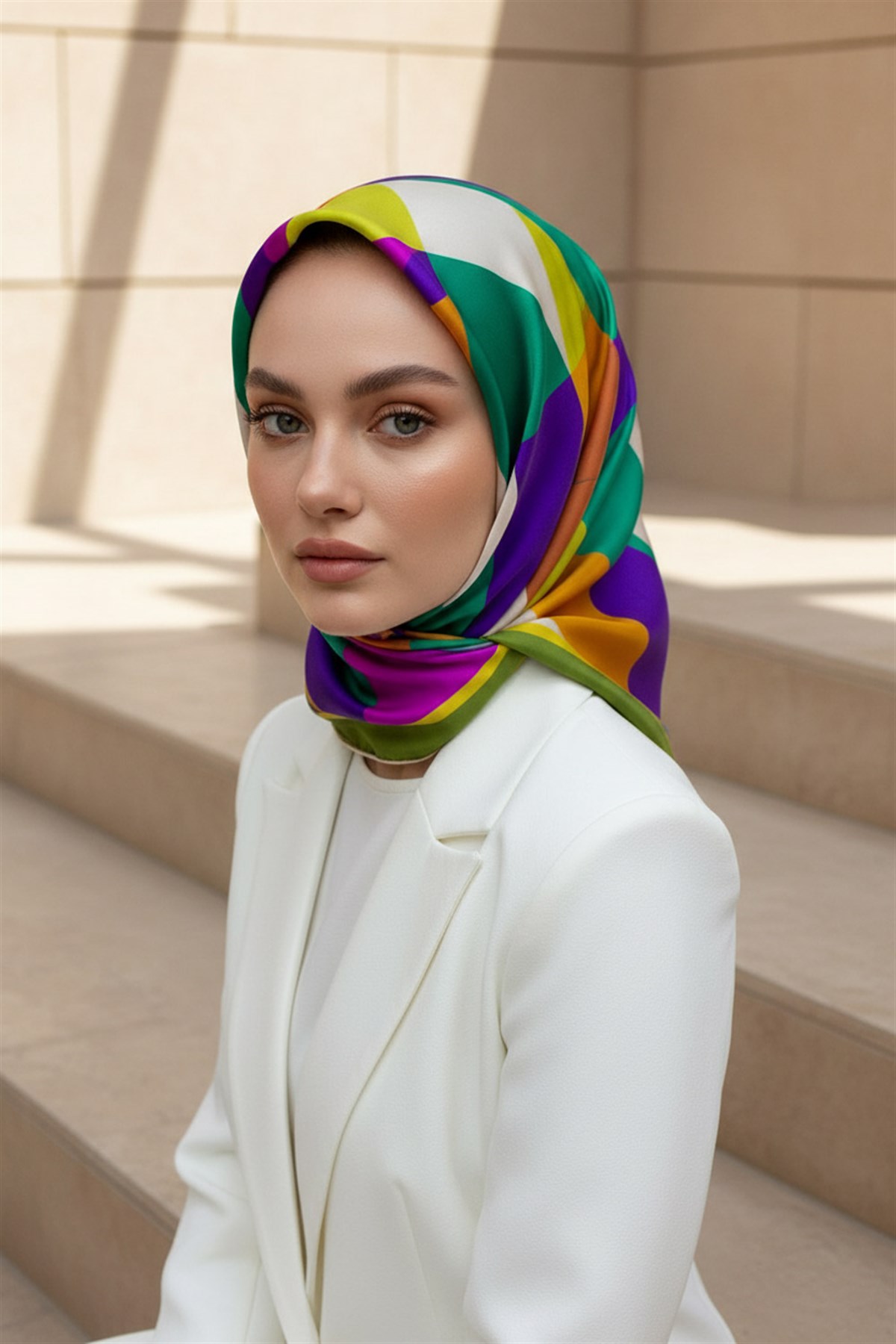 %100 Twill Renk Bloklu Çizgili Desenli Haki - Mor Renkli 90x90 Eşarp Dikim Şekli: El Dikişii