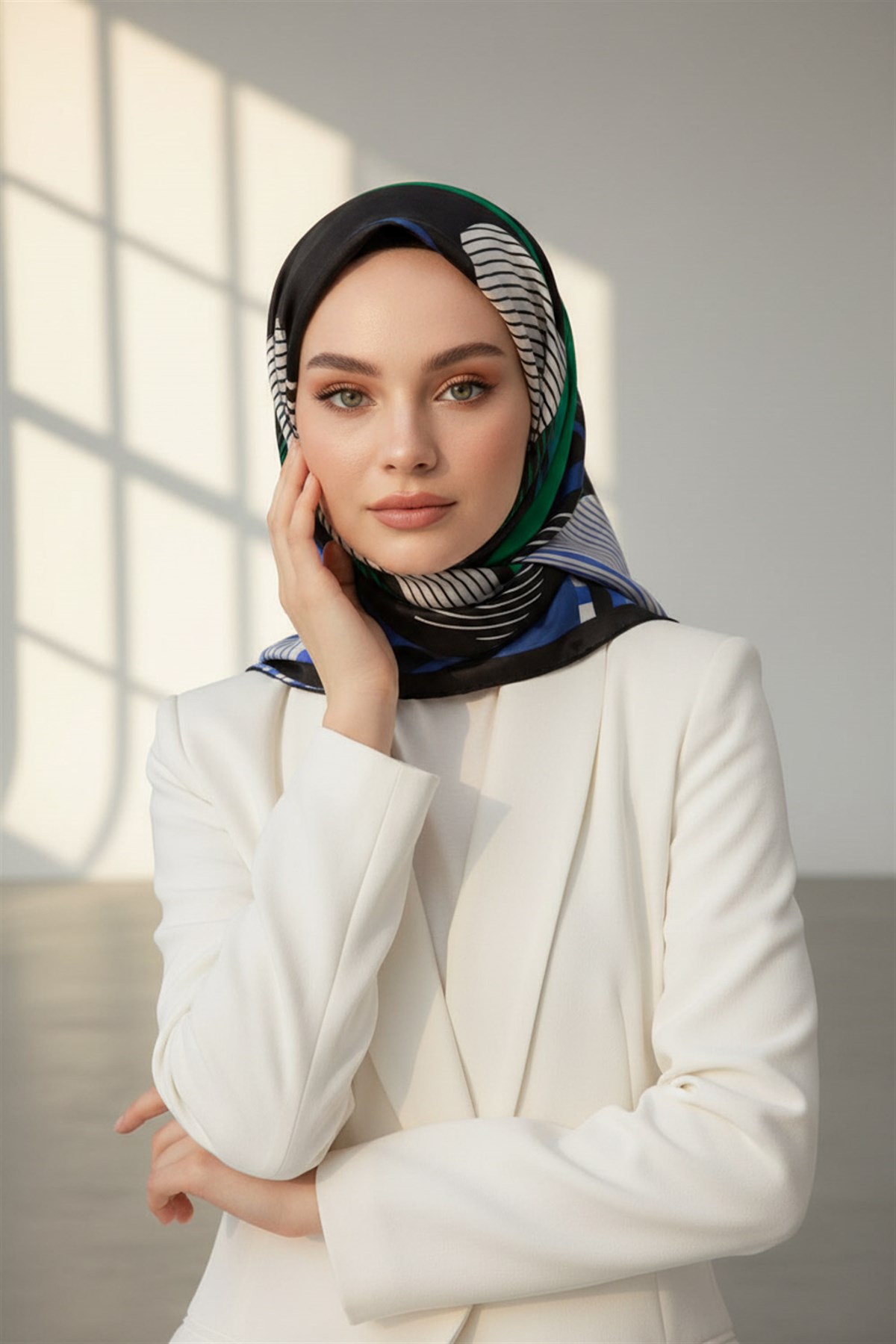 %100 Twill İpek Çizgili Geometrik Desenli Siyah - Saks Renkli 90x90 Eşarp Dikim Şekli : El Dikişi