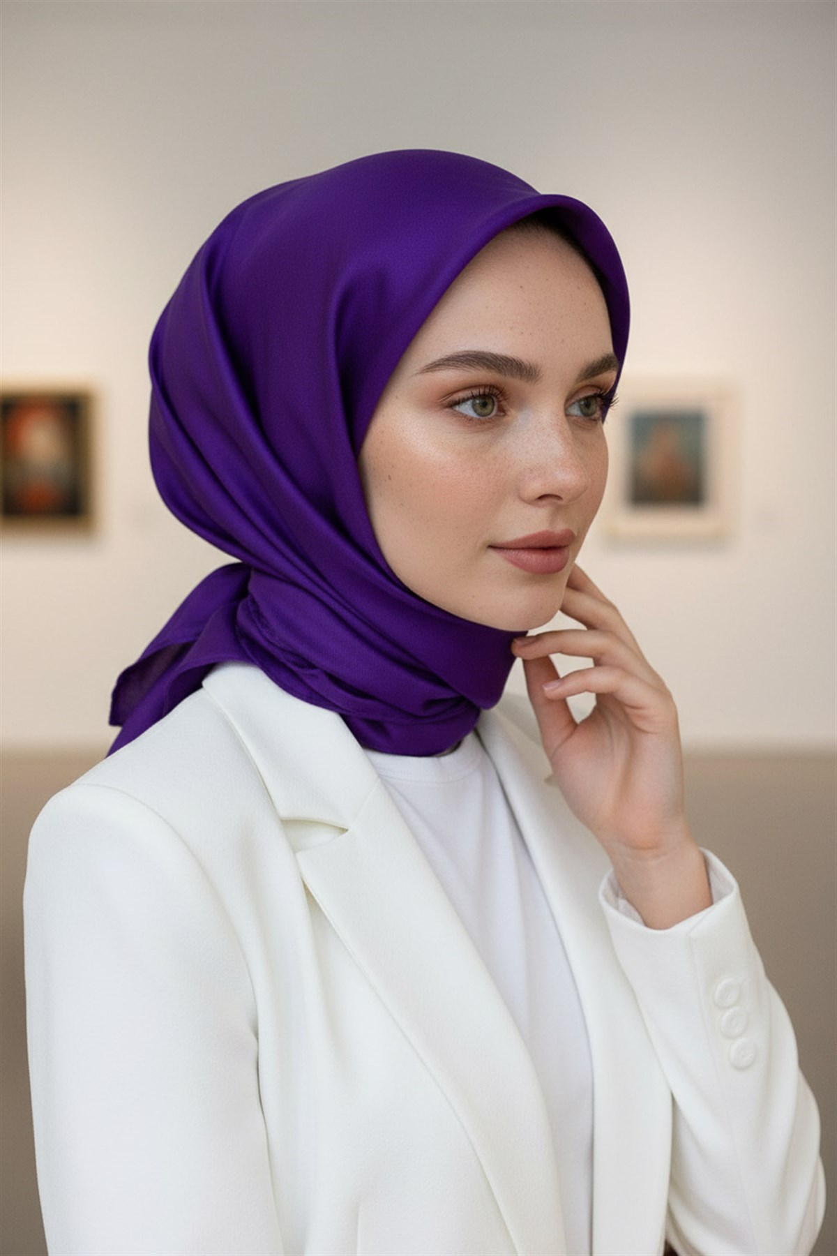 %100 Twill İpek Düz Mor Renkli Daha Tok Exclusive Serisi 90x90 Eşarp Dikim Şekli : El Dikişi